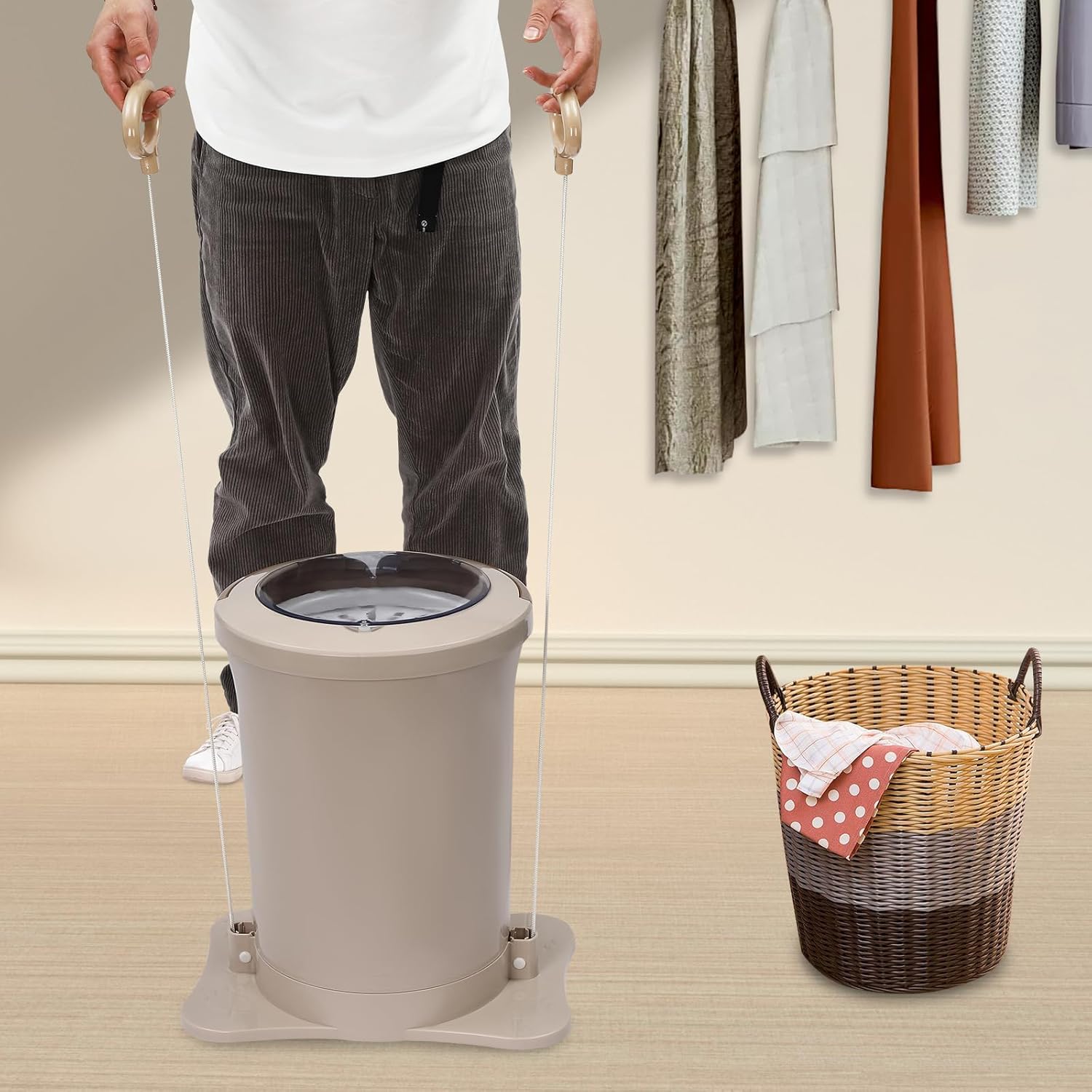 Manual Clothes Dryer Portable Mini Dryer 3.17Gal Foot Powered Washing Machine Portable Single Tub Dryer Machine Non electric Laundry Dryer for Camping, Apartment, Student Residence (Apricot Color)