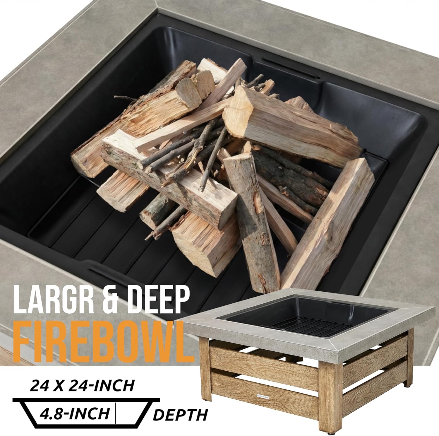 Firepits for Outside，Wood Burning Fire Pit with Wood-Grain Side Panels,Firepit for Outside with Mesh Cover & Fire Poker,Square Modern Outdoor Fireplace Fire Table. (Countryside)