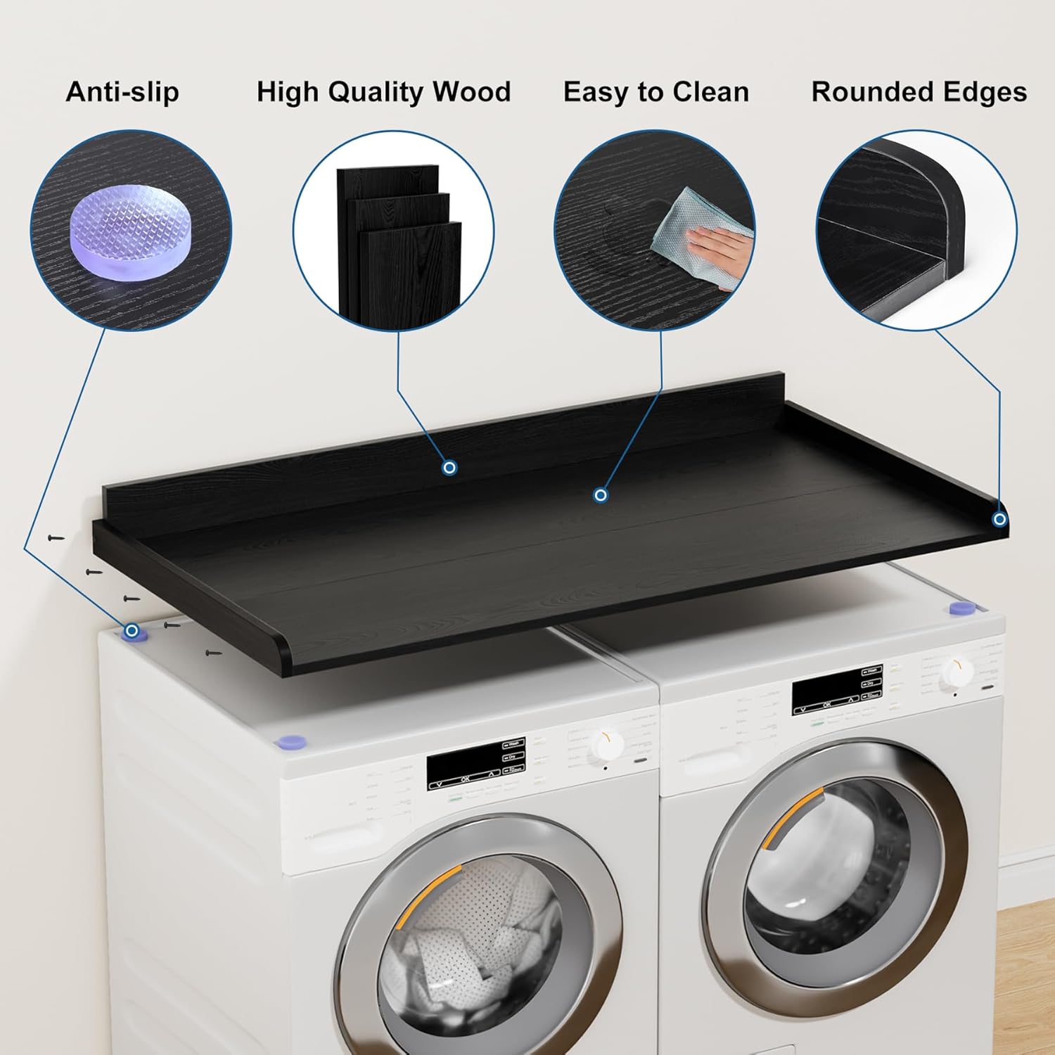Washer Dryer Countertop, Laundry Countertop Over Wooden Washer and Dryer for The Top with Non-Slip Pads, Laundry Hamper Counter Storage Organization 54