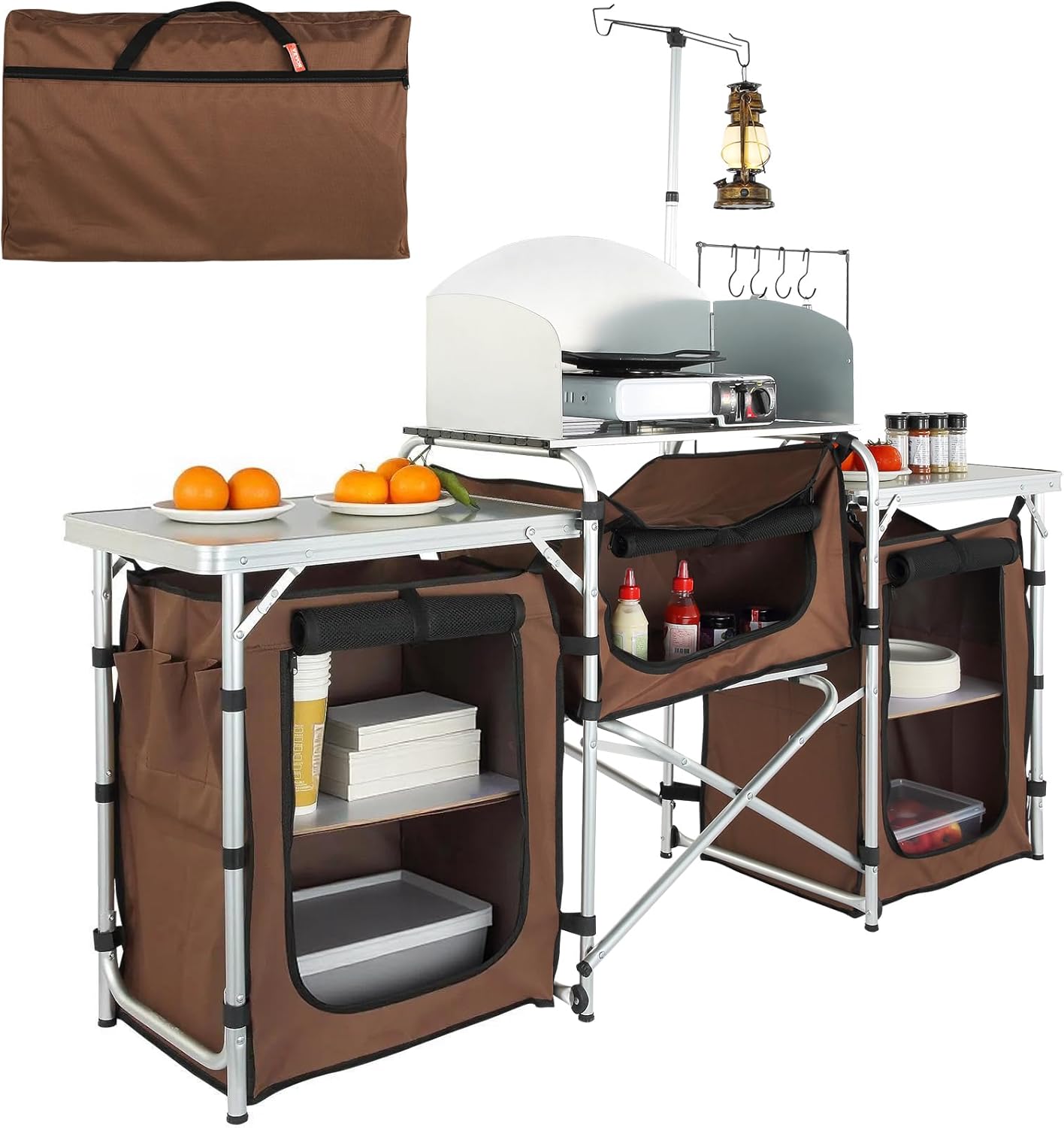 VEVOR Camping Kitchen Table, Folding Outdoor Cooking Table with Storage Carrying Bag, Aluminum Cook Station 3 Cupboard & Detachable Windscreen, Quick Set-up for Picnics, BBQ, RV Traveling, Brown