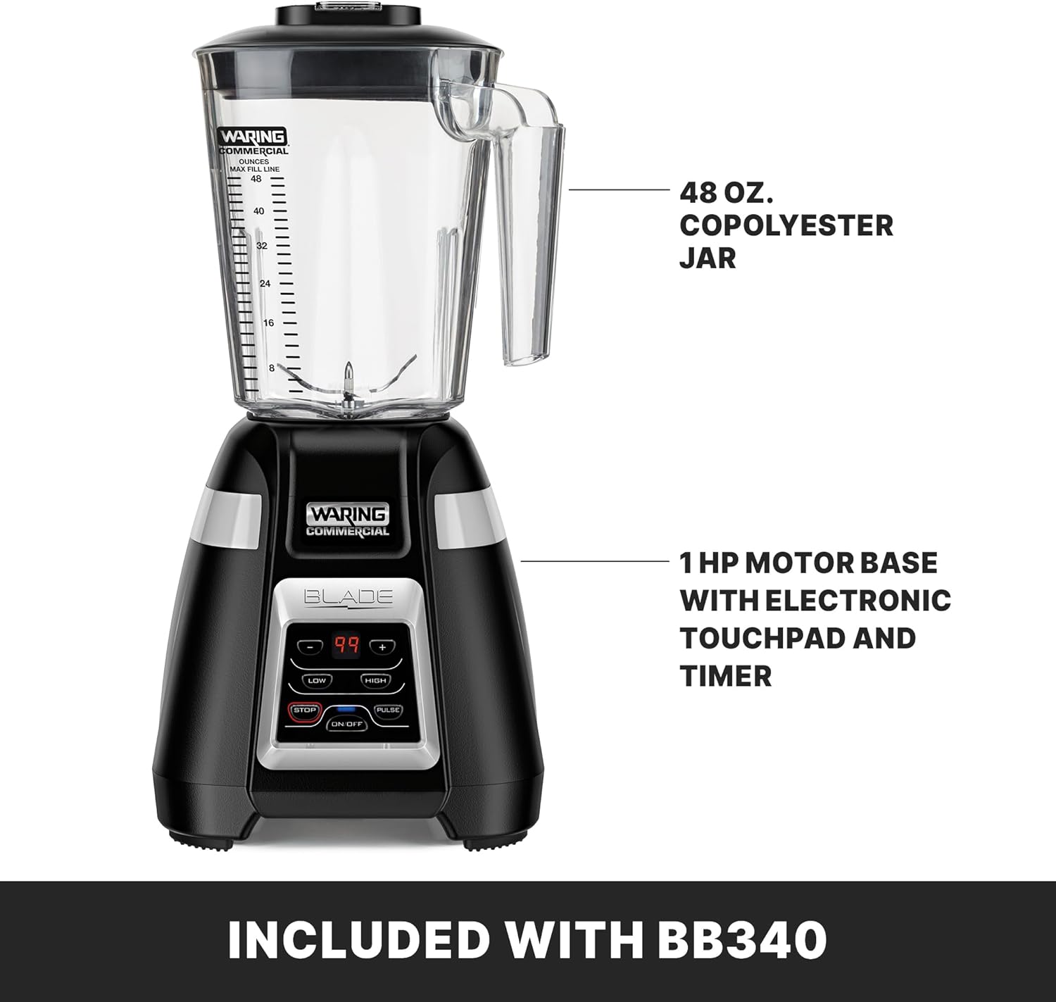 Waring Commercial BB340 Blade 1 HP Blender, 2-Speed Key Pad with Pulse and 99 Second Countdown Timer , 48 oz BPA Free Copolyster Container, 120V, 5-15 Phase Plug, Black