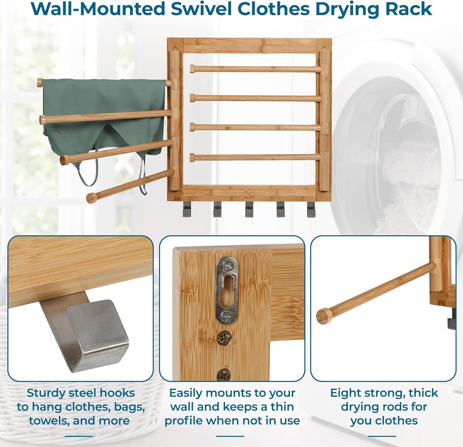 Honey-Can-Do Bamboo Swivel Wall Mount Drying Rack- Versatile Clothes Drying Rack and Durable Laundry Rack, Wall Drying Rack for Indoor/Outdoor Use, 80 lbs Capacity, Natural