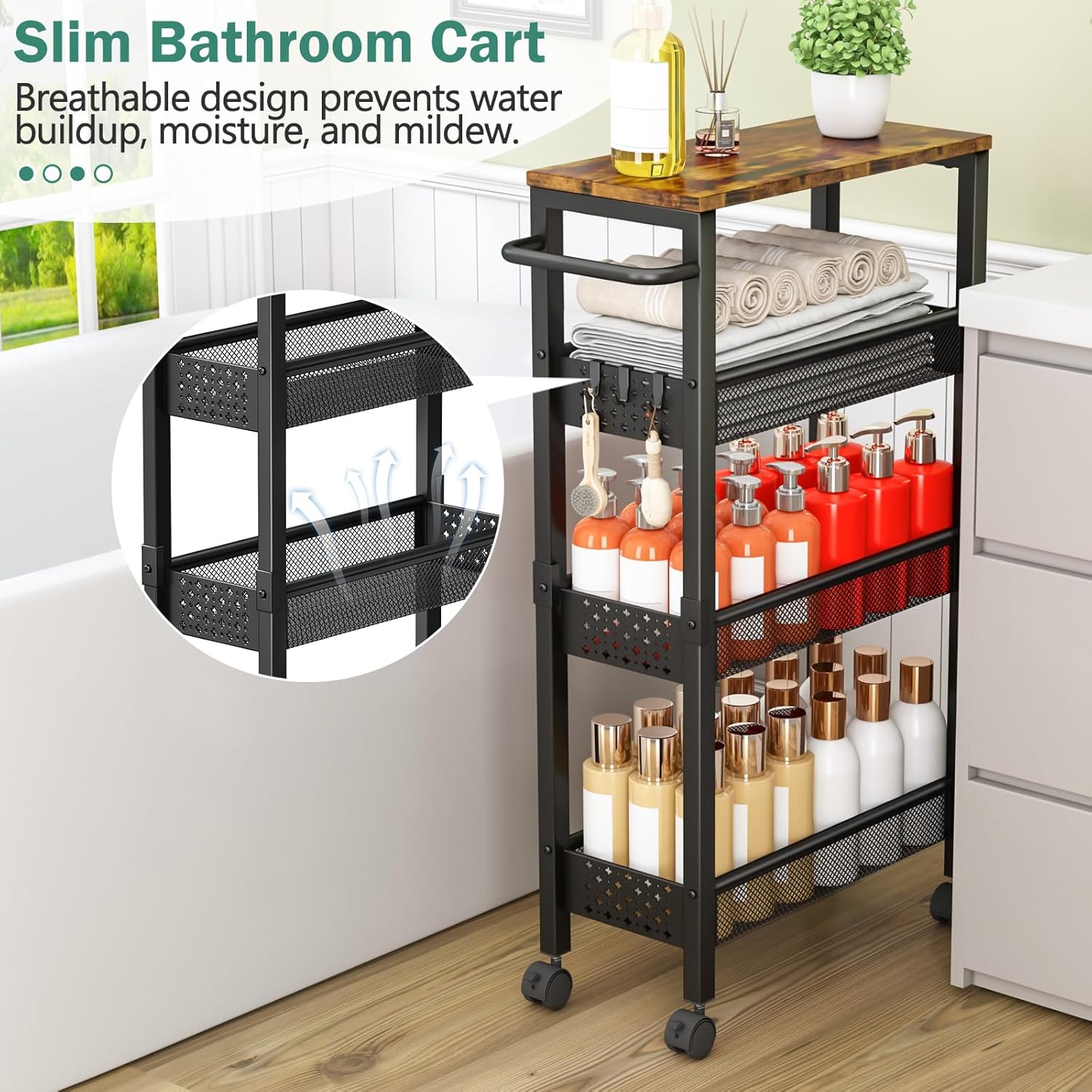 Utility Slim Storage Cart with Wheels, 4 Tier Small Rolling Cart with Wood Top, Metal Kitchen Bathroom Laundry Room Organization Trolley with Handle for Narrow Space – Black