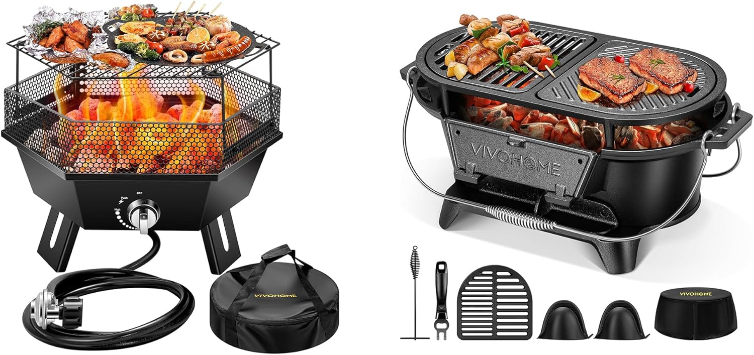 VIVOHOME Portable 58,000 BTU Propane Fire Pit, 24-Inch Smokeless Outdoor Design with Carry Bag, and VIVOHOME Oval Cast Iron Grill with Interchangeable Grates & Griddle