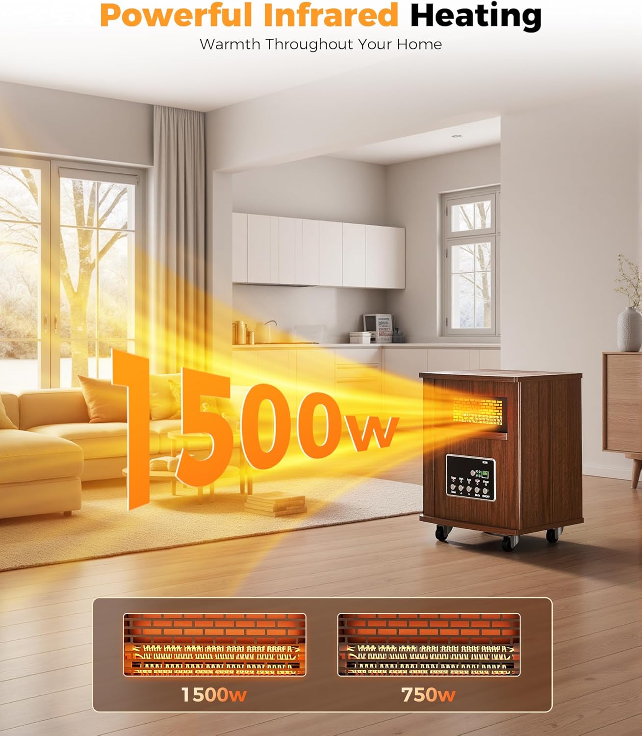 Infrared Space Heater for Indoor Use - 1500W Portable Box Heater with Wood Cabinet, Remote Control & 12H Timer, Quiet Electric Heater with Safety Protection for Bedroom Living Room Office