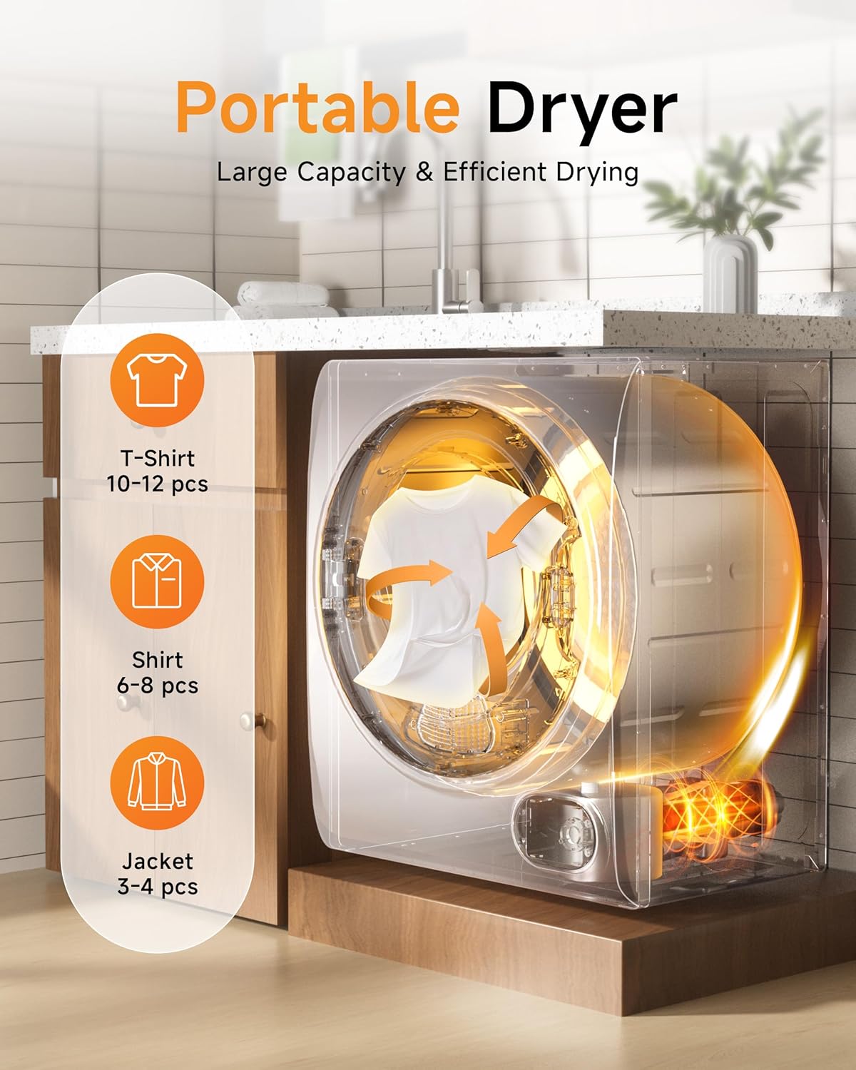 10 LBS Portable Dryer, 1.5 Cu.Ft. Portable Clothes Dryer with Knob Control, Stainless Steel Drum, Exhaust Pipe, 850W Drying Machine for Apartment, Dorm, Home, White