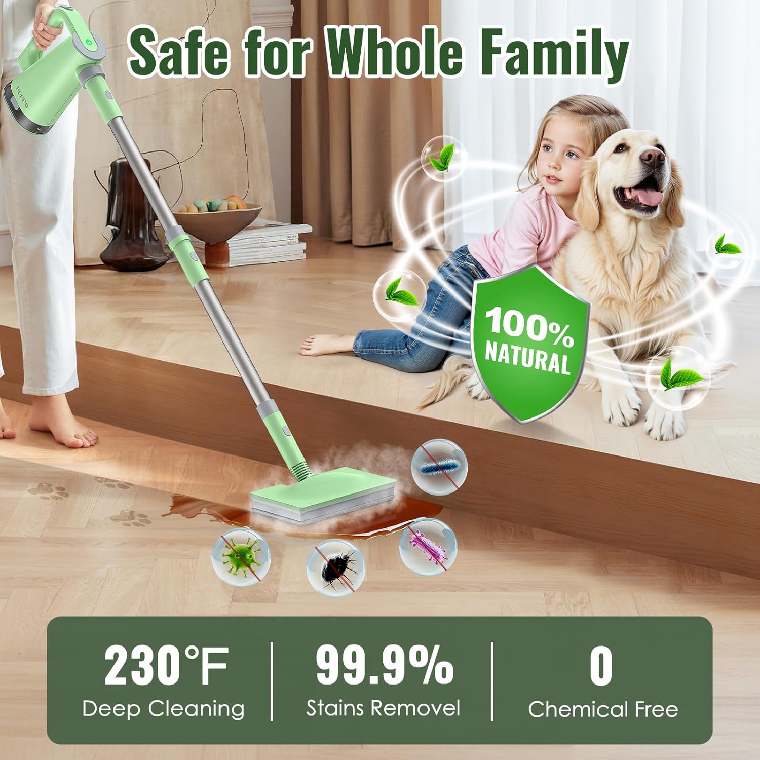 FEPPO 2-in-1 Steam Mop & Handheld Cleaner Bundle with 10-in-1 Accessories & 6 Washable Pads (Includes 4 Extra Pads) - 1300W Powerful Steamer for Floors, Hardwood, Tile, Grout, Windows, Kitchen, Bath