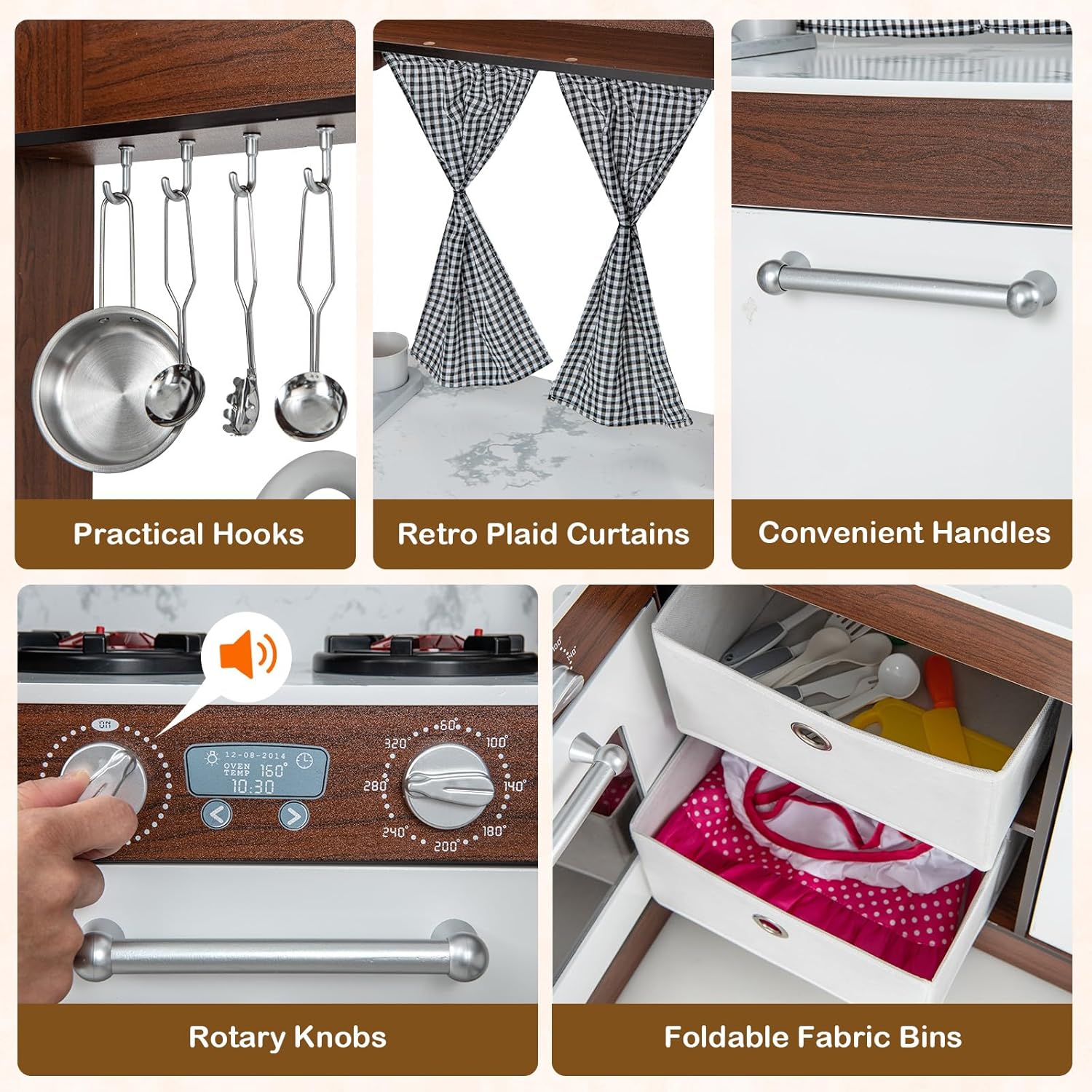 Costzon Kids Kitchen Playset, Toddler Pretend Toy Cooking Set w/Real Lights & Sounds, Sink & Faucet, Ice Maker, Microwave, Oven, 18 Cooking Accessories, Corner Play Kitchen for Kids Ages 3+ (Coffee)