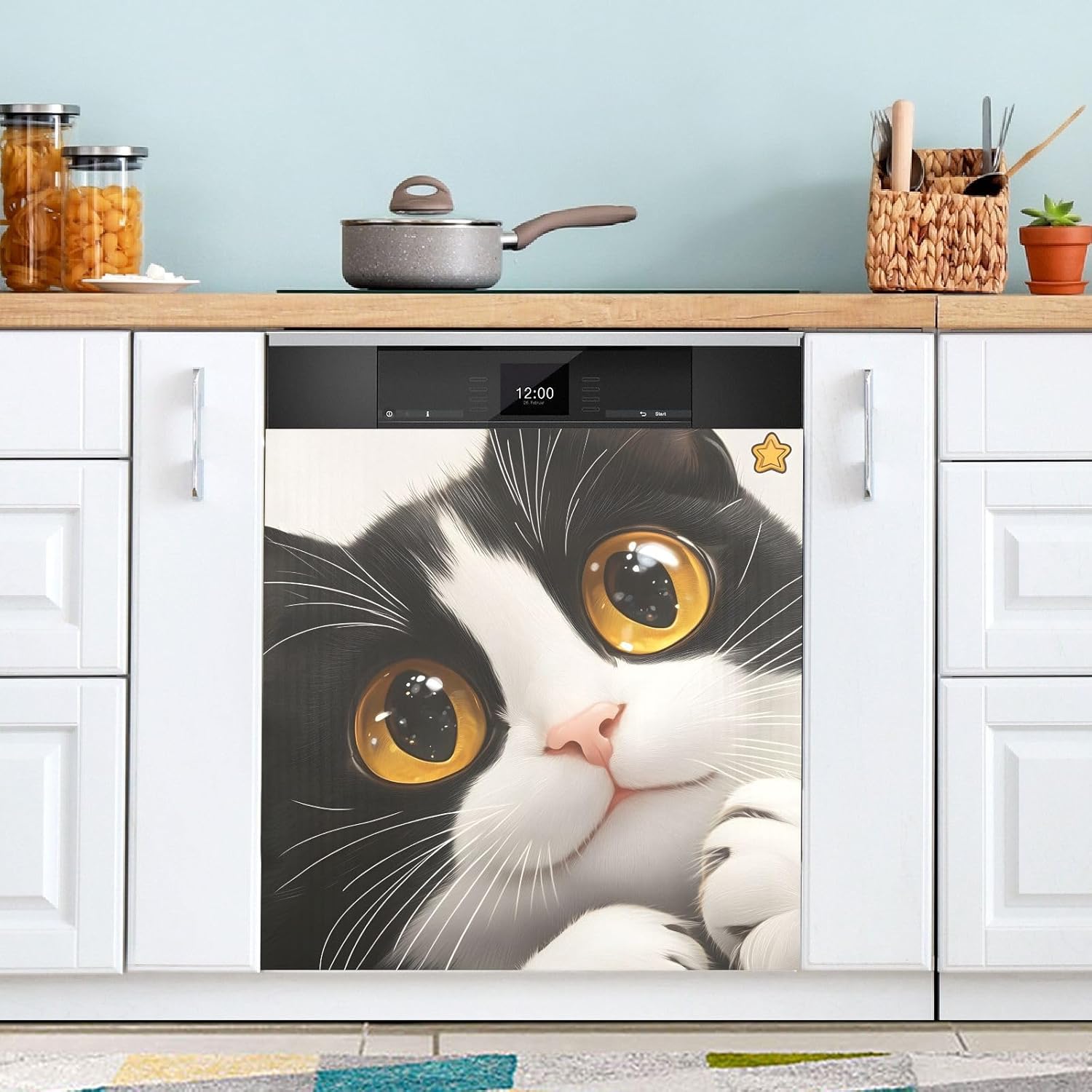 Dishwasher Magnet Cover Large Magnetic Stickers Cat with Brown Pupils Front Dishwasher Cover Reusable Decal for Home Kitchen Anti-Scratch Refrigerator Decorative Lid Washing Machine Laundry 23