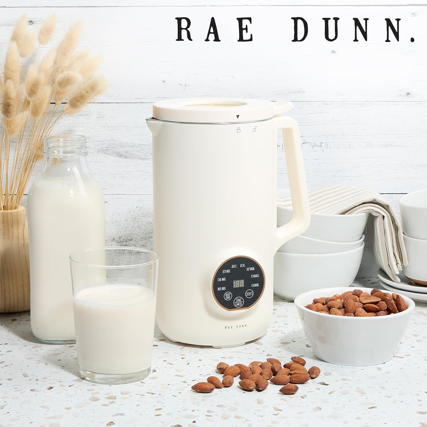 Rae Dunn 8-in-1 Nut & Plant Milk Maker – Almond, Oat, Soy & More – 800ml Cold / 700ml Hot – Automatic, Delay Start, Self-Clean – Includes Stirrer, Measuring Cup & Brush, Cream