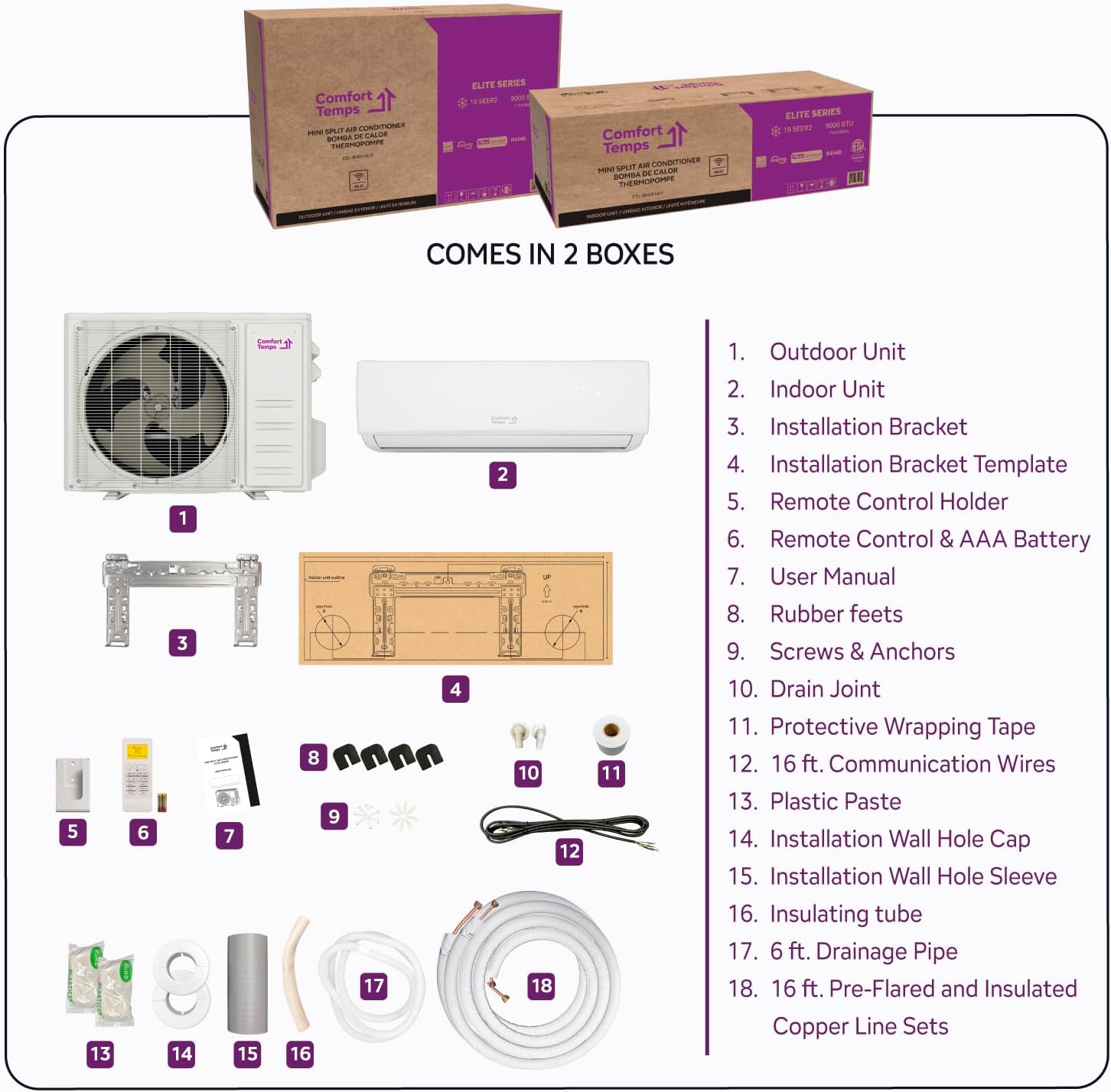 Energy-Saving 9000 BTU / 220V Mini Split – 20 SEER, Pre-Charged, Ductless, Quiet & Comfortable Mini Split AC/Heating System with WiFi& Complete Easy Install Kit (Elite Series by Comfort Temps)