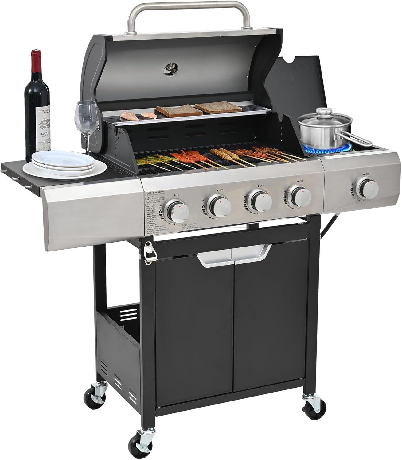 4 Burner BBQ Propane Gas Grill 51,000 BTU Barbecue Grill Stainless Steel Gas Grill with Side Burner for Outdoor Cooking, BBQ, Camping