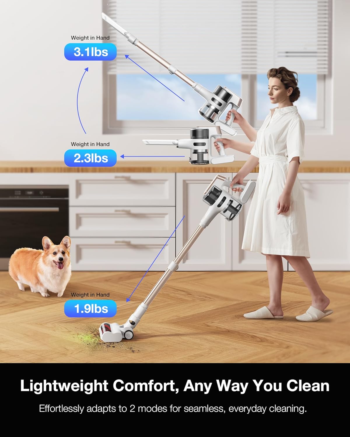 Maircle Cordless Stick Vacuum Cleaner for Home, Lightweight Rechargeable Vacuum with 55min Runtime, Powerful Suction, Green LED Headlight, 9-in-1 Pet Hair Carpet & Hardwood Floor Cleaner