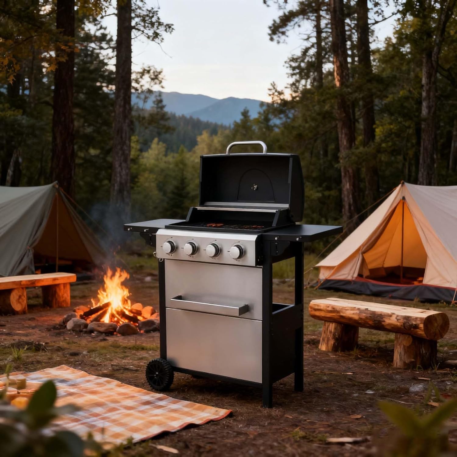 Propane Gas Grill - 4-Burner 34200BTU Output With Enameled Cooking Grids, For Outdoor Barbecue, Foldable Side Table