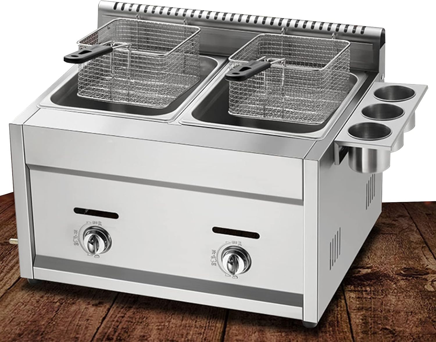 Compact double tank gas fryer, 22L fryer, standing temperature control, adjustable firepower, with removable baskets and lid, easy to clean,Gas