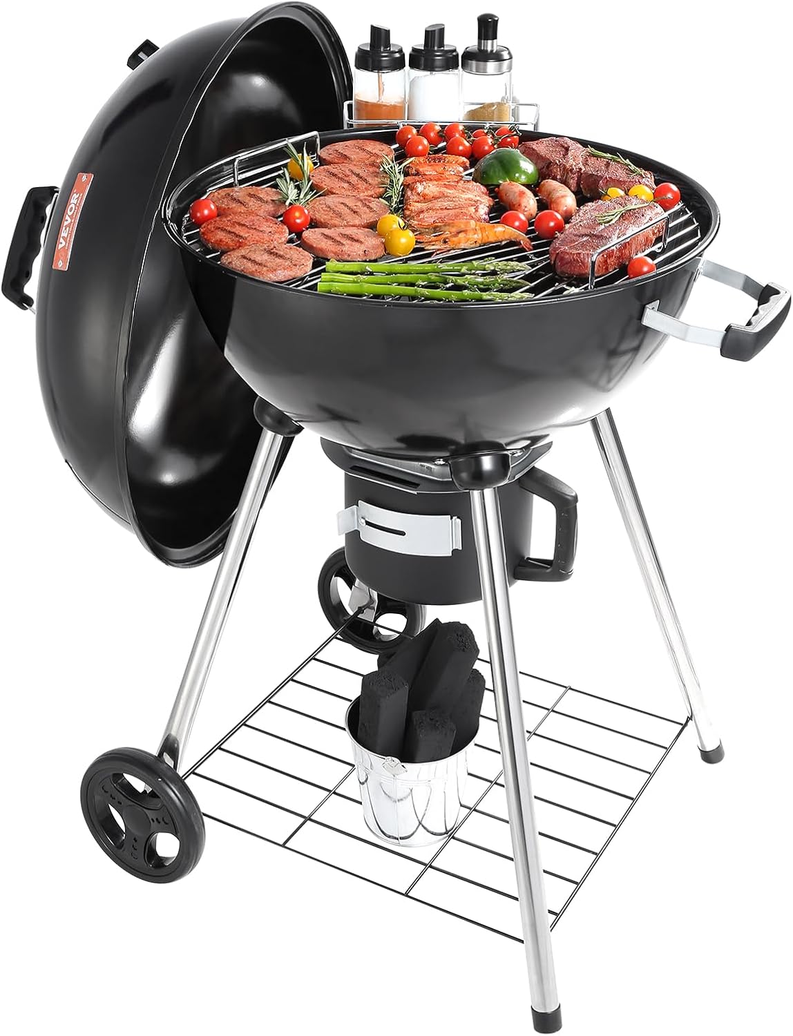VEVOR 22 inch Charcoal Grill with Bowl, Portable Charcoal Grill with Wheels for Outdoor, Porcelain-Enameled Lid with Slide Out Ash Catcher, Round Barbecue Kettle Grill Wheels for Small Patio Backyard