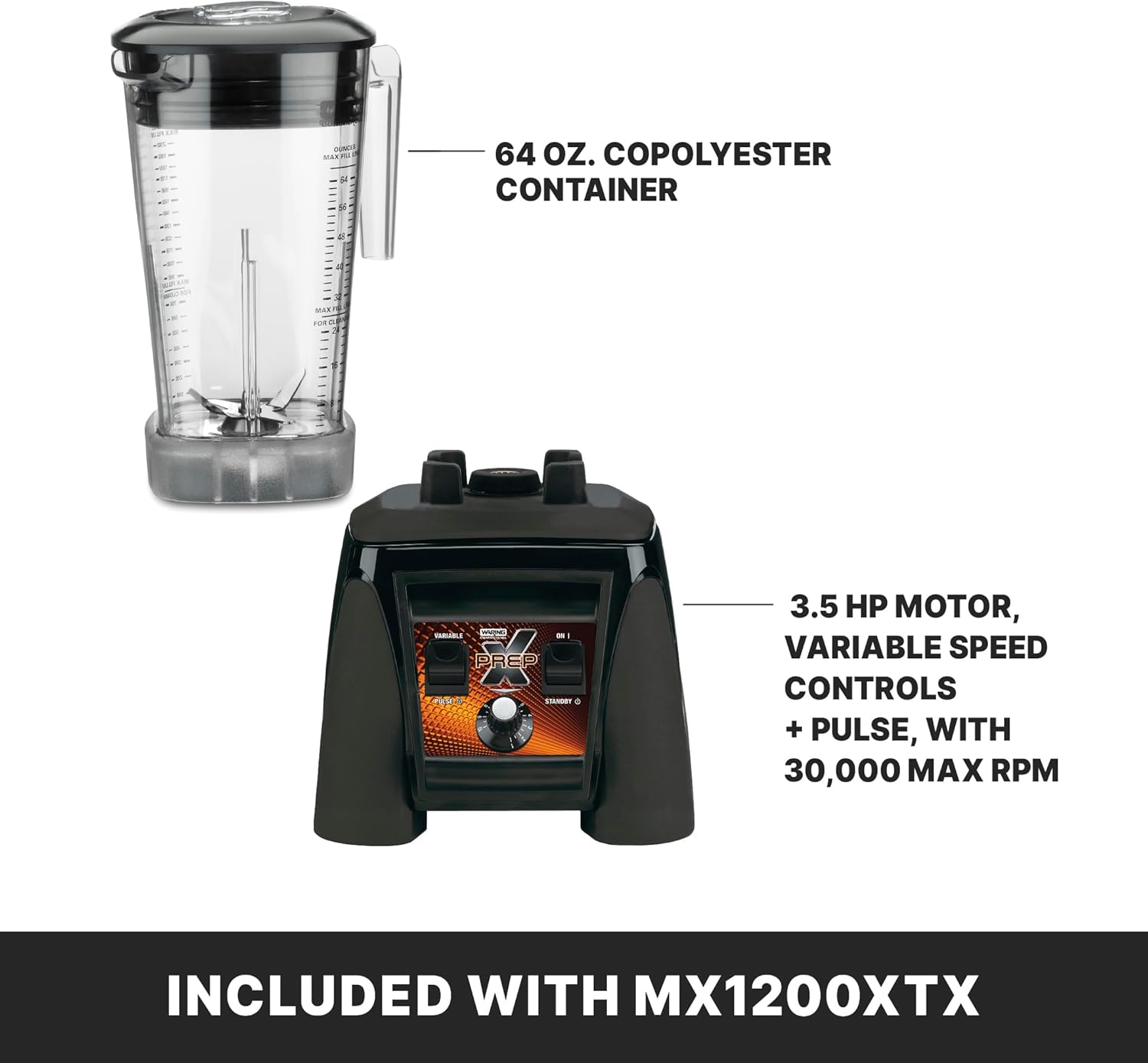 Waring Commercial MX1200XTX 3.5 HP Blender with Variable Speed Dial Controls and a 64 oz. BPA Free Copolyester Container, 120V, 5-15 Phase Plug