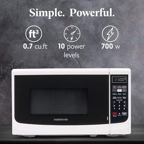 Farberware 0.7 Cu. Ft. Countertop Microwave Oven – 700 Watts Power, Auto Cook Settings, Defrost, Easy Clean and Child Safety Lock - White