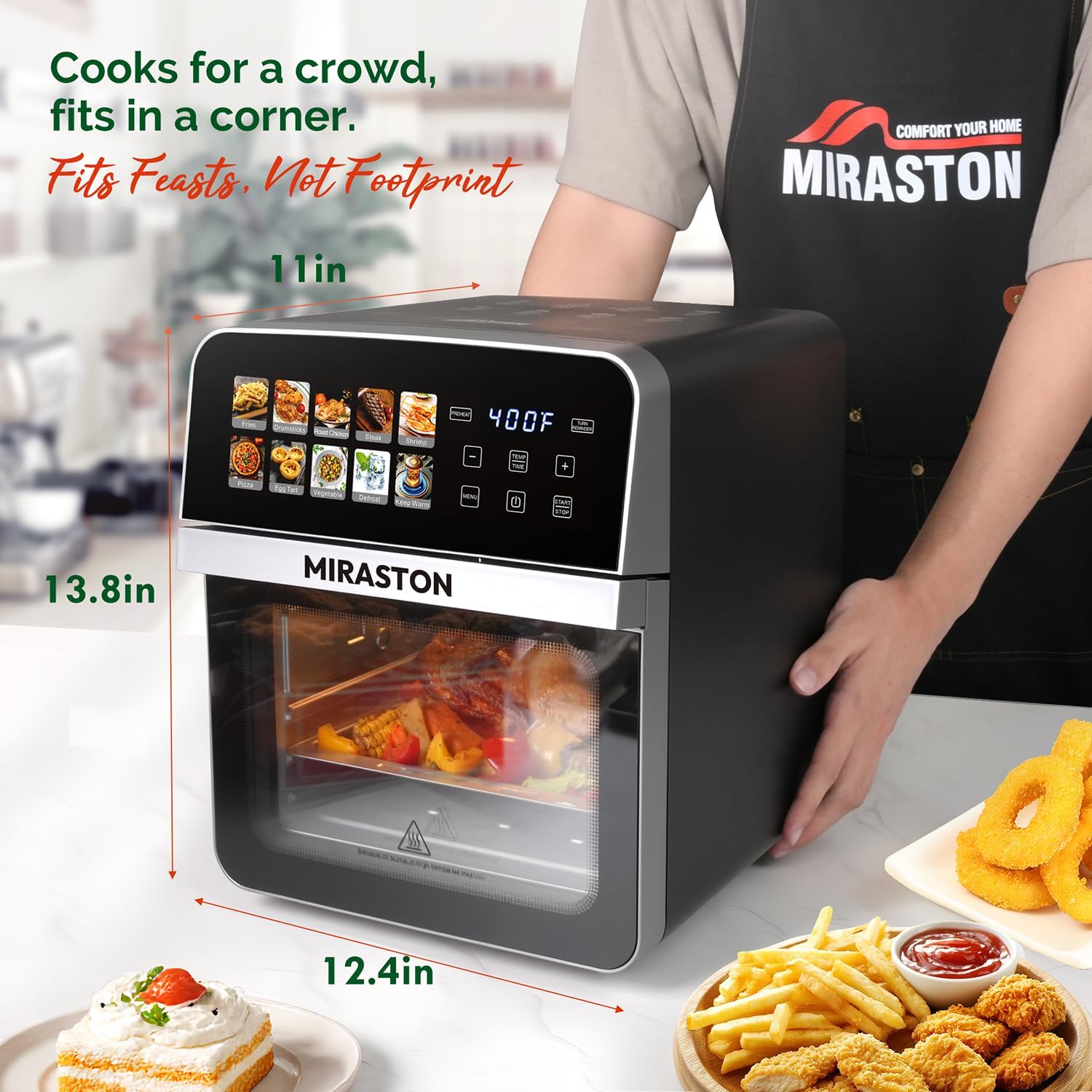 10QT Air Fryer Toaster Oven Combo with 10 Presets, Family Size Compact Oven for Roasting Whole Chicken/Double Cooking, Stainless Steel Interior, Easy Clean, Includes 2 Accessories & Recipe