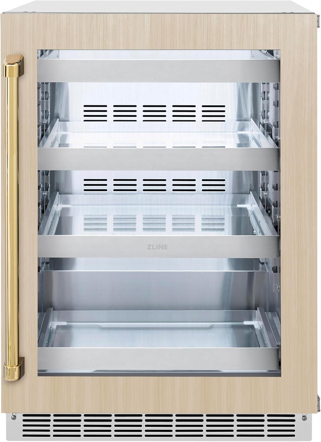 ZLINE Autograph Edition 24 in. Touchstone 151 Can Beverage Fridge With Panel Ready Glass Door And Polished Gold Handle (RBSPOZ-24-G)