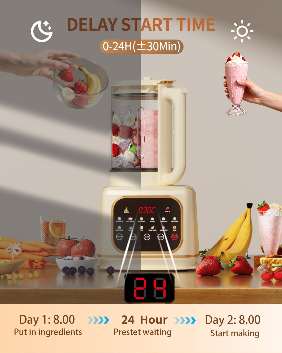 13-IN-1 Multifunctional Ultra Silent Cooking Blender with Soundproof Shield | 60oz | 24H Preset & Kee Warm for 6 Hours| Makes Smoothie, Soy Almond Milk, Juice, Soup, Porridge, Boil, Tea, Jam etc