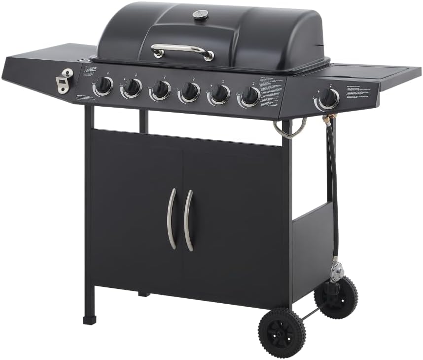 6 Burner Propane Gas Grill with Side Burner, 72,000 BTU Stainless Steel Outdoor BBQ Grill with Enameled Cast Iron Grates, Side Tables & Wheels for Patio, Backyard Kitchen – Black