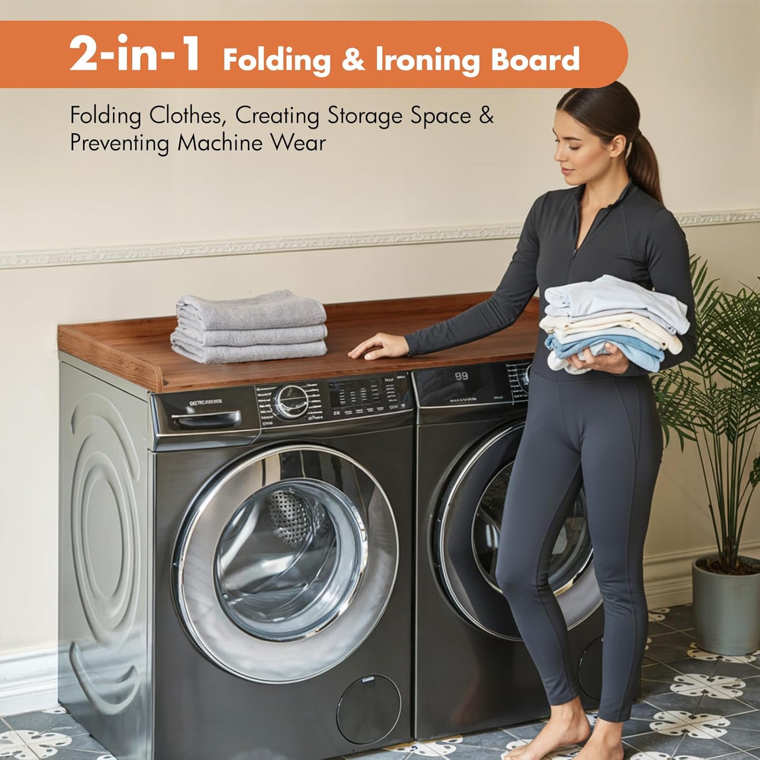 Premium Washer Dryer Countertop with Anti-Slip Pad, 54inch Laundry Room Organization Set, Stackable Storage Solution with Silicone Ironing Mat, Diatomite Mat(Brown)