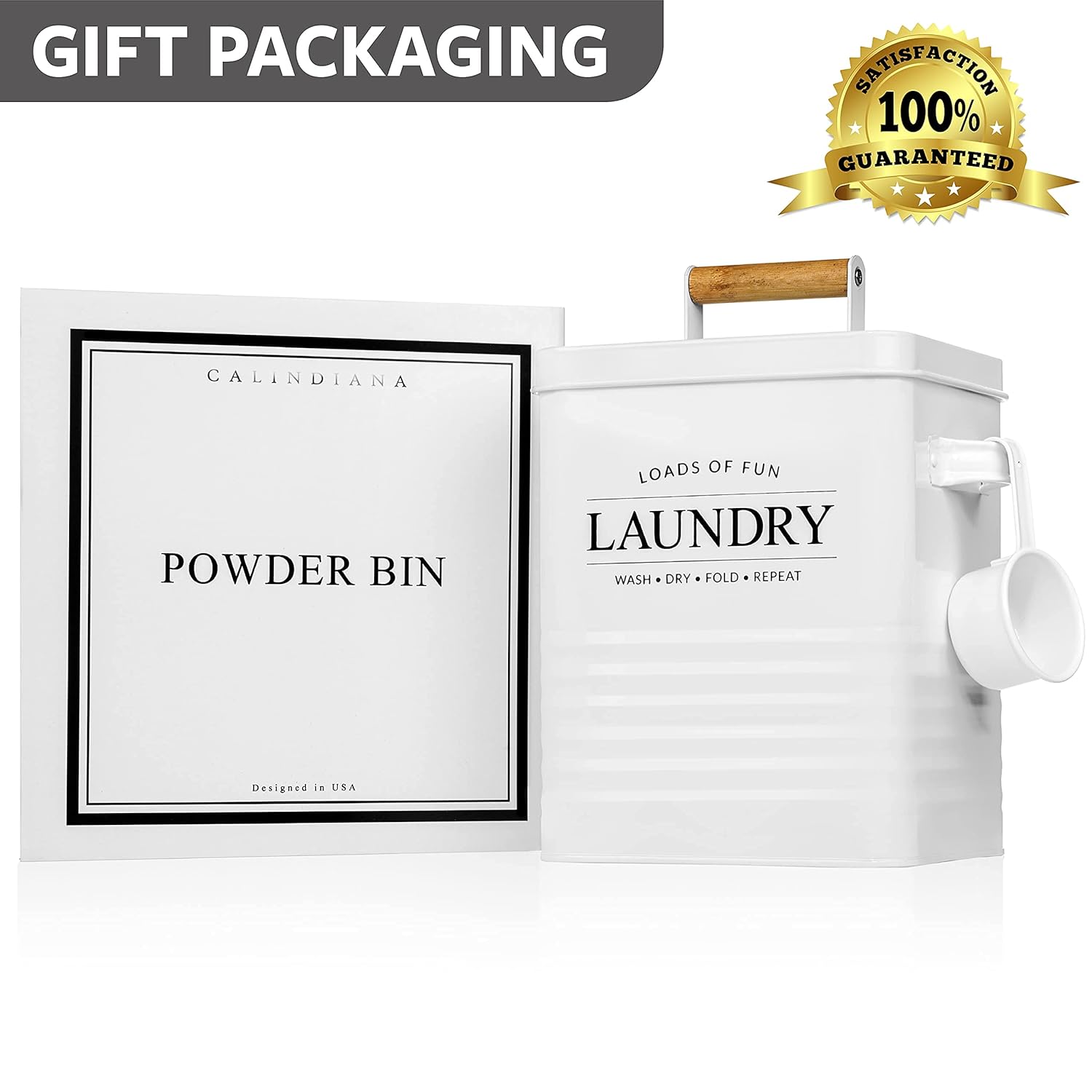 Calindiana Modern Farmhouse Laundry Storage Bin, Dryer Sheets Holder & Powder Pods Container Bundle, White, Tin & Wood, 7.3L, Indoor, Laundry Room Organization
