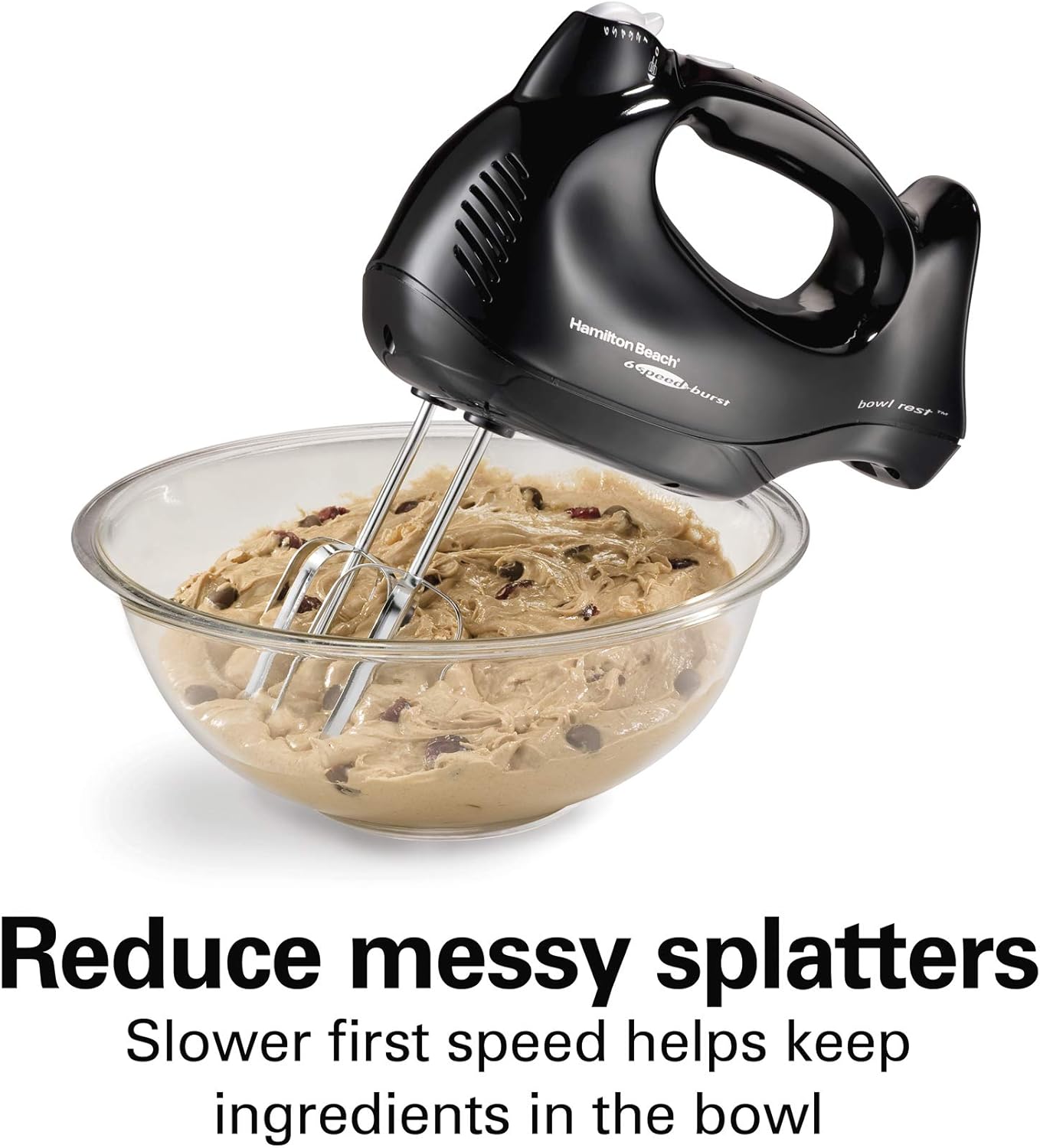 Hamilton Beach Power Deluxe 6-Speed Electric Hand Mixer with Snap-On Storage Case, QuickBurst, Beaters, Whisk, Powerful 250 Watt Motor, Bowl Rest, Black (62692)