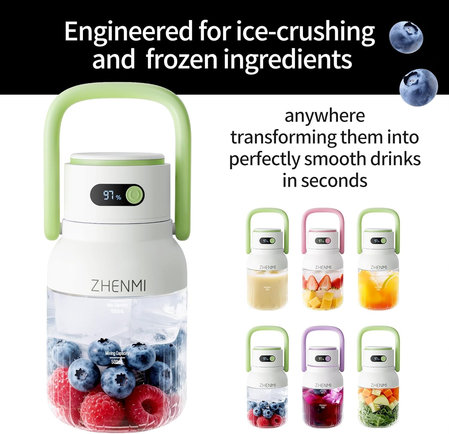 Portable Blender, 1000ml Capacity, Stainless Steel 12-Blade System, Portable Ice Crushing Juicer-for Shakes & Smoothies, BPA Free, 2 Leakproof-Lids & Straw, USB Rechargeable (green)