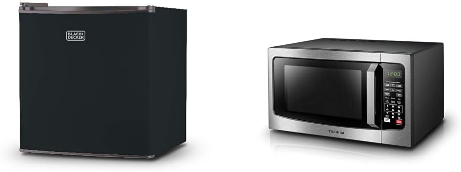 BLACK+DECKER BCRK17B Compact Refrigerator Energy Star Single Door Mini Fridge with Freezer, 1.7 Cubic Feet, Black & TOSHIBA EM131A5C-SS Countertop Microwave Ovens 1.2 Cu Ft, 12.4