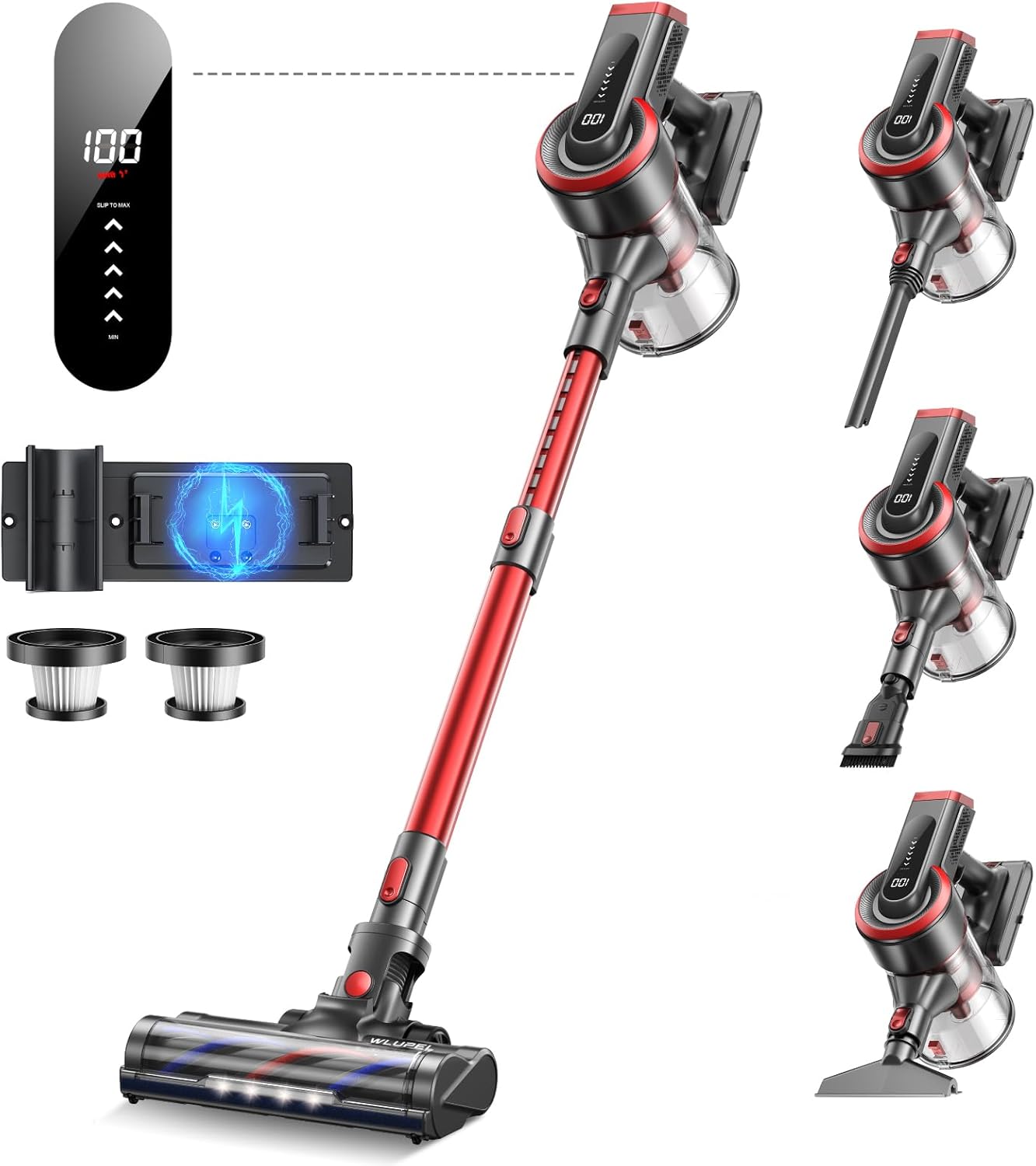 WLUPEL Cordless Vacuum Cleaner, 450W/38Kpa Vacuum Cleaners for Home with LED Screen, Up to 55 Mins Runtime, 1.2L Dust Cup, Anti-Tangle Stick Vacuum for Pet Hair Carpet and Hardfloor