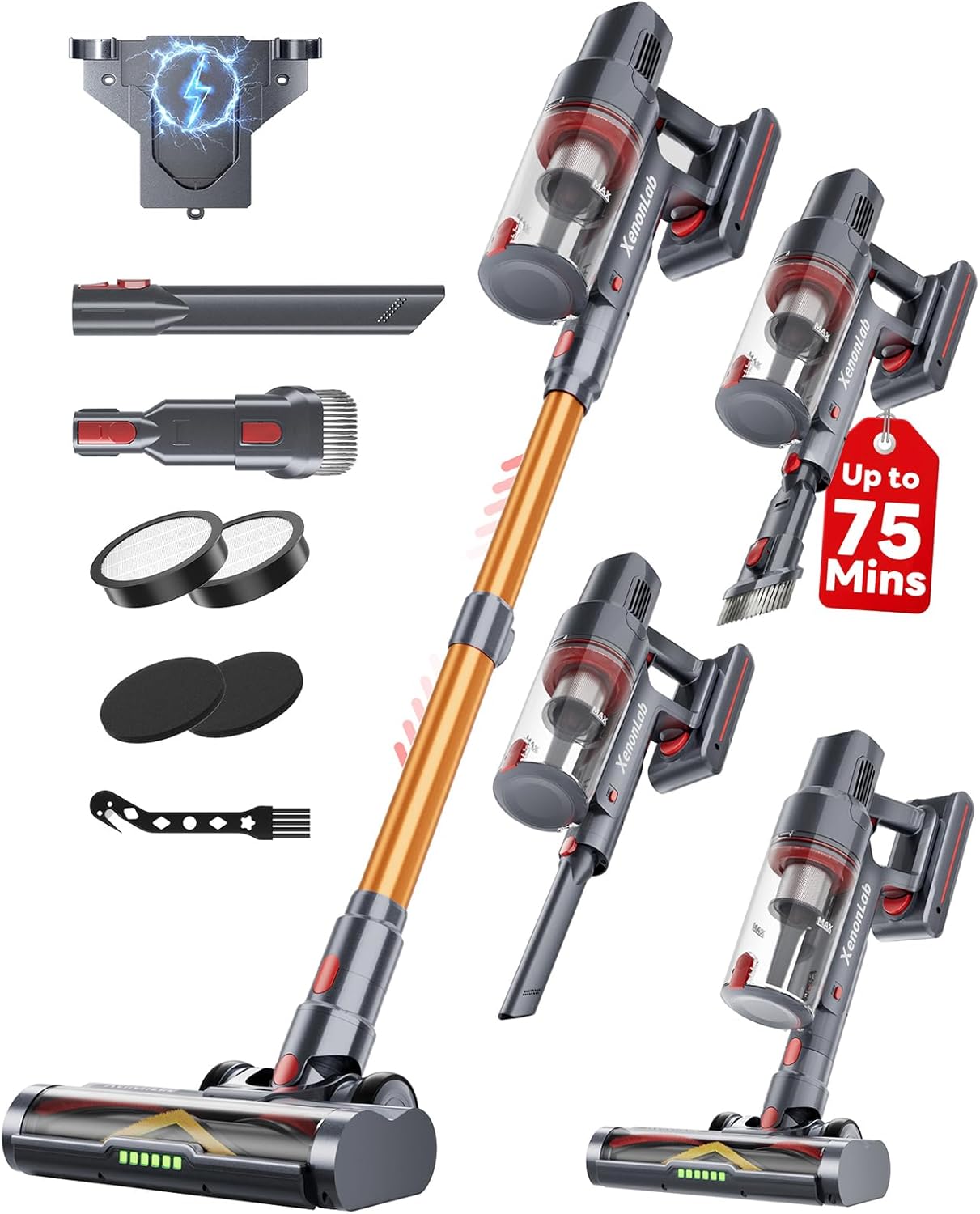 Cordless Vacuum Cleaner, 75Mins/48KPa/600W Self-Standing Stick Vacuum Cleaners for Home, Rechargeable, Lightweight, Anti-Static&Anti-Tangle Brush, for Hard Floor, Carpet, Hardwoods, Pet Hair