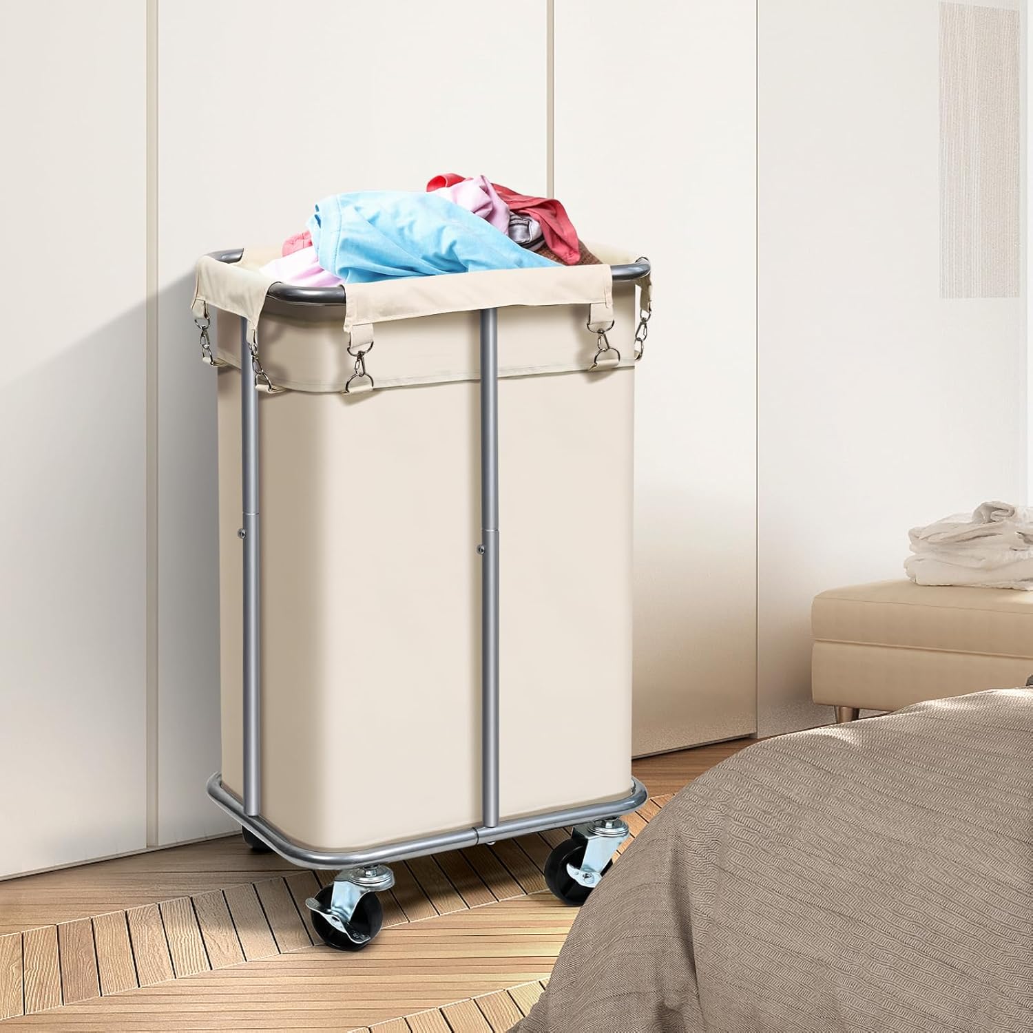 Laundry Basket with Wheels, Rolling Laundry Hamper with Removable Bag, 100L Laundry Sorter Cart, Tall Narrow Slim Clothes Hamper Organizer with Sturdy Metal Frame, Beige