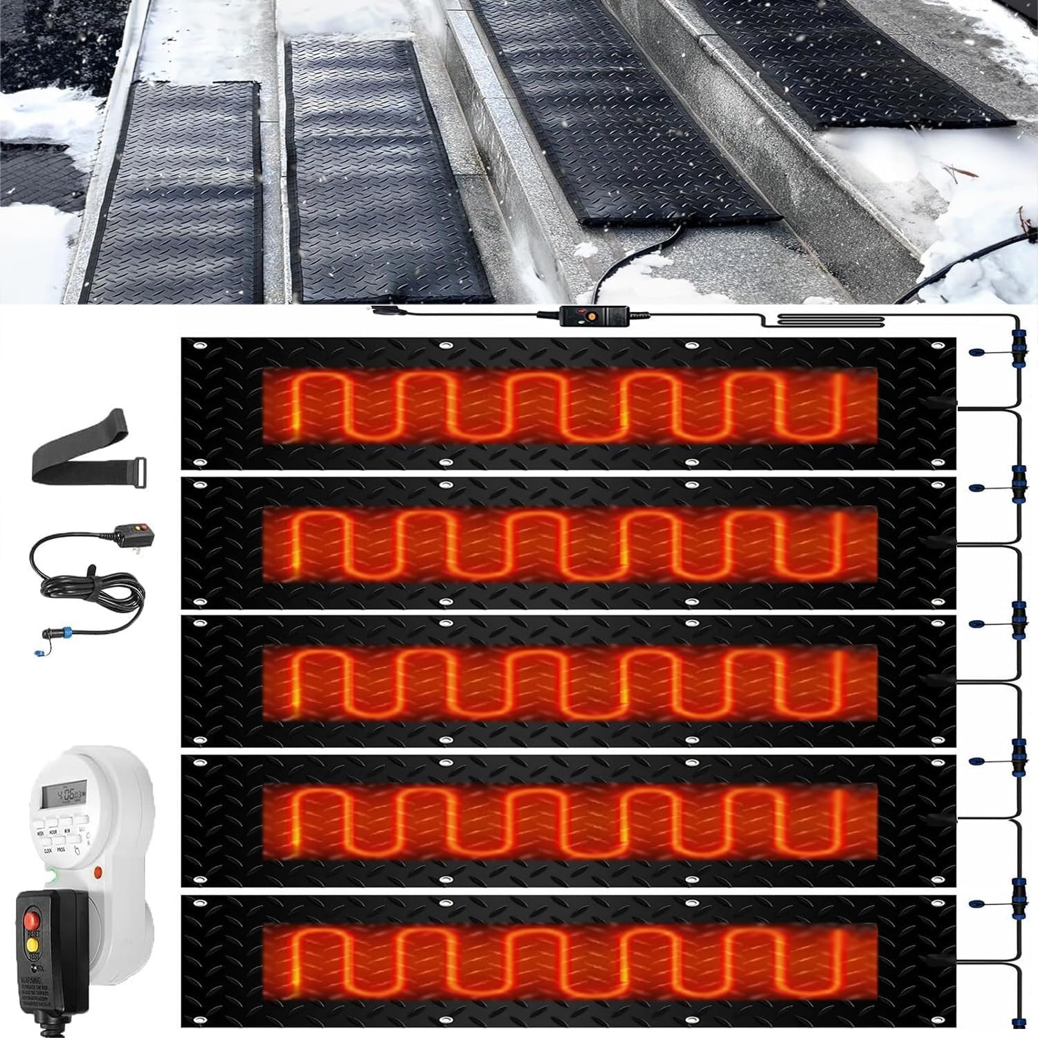 Heated Snow Melting Mats with Timer for Stairs,1/2/3/4/5 Pcs Heated Snow Melting Mats for Entrances,Heated Snow Melting Mats Driveway,Heated Outdoor Mats,Electric Snow Melting Mats(5 Pcs,12x36