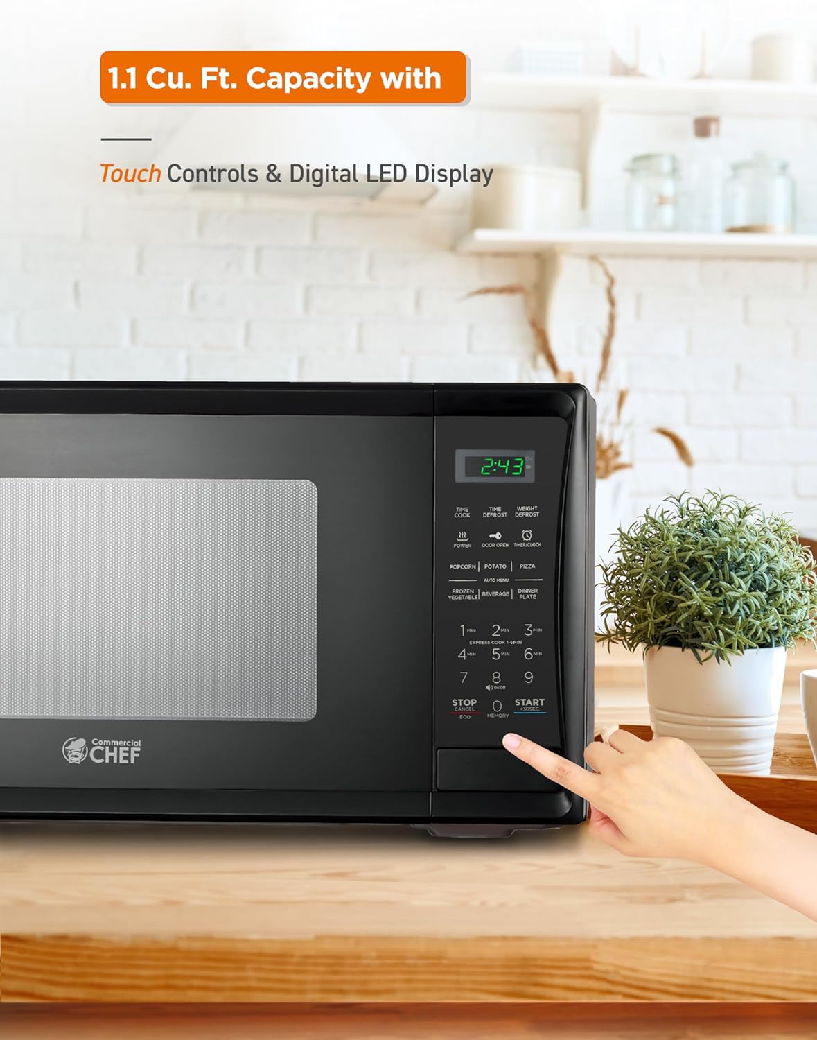 COMMERCIAL CHEF 1.1 Cu Ft Microwave with 10 Power Levels, Microwave 1000W with Push Button Door Lock, Countertop Microwave with Microwave Turntable and Digital Controls, Black