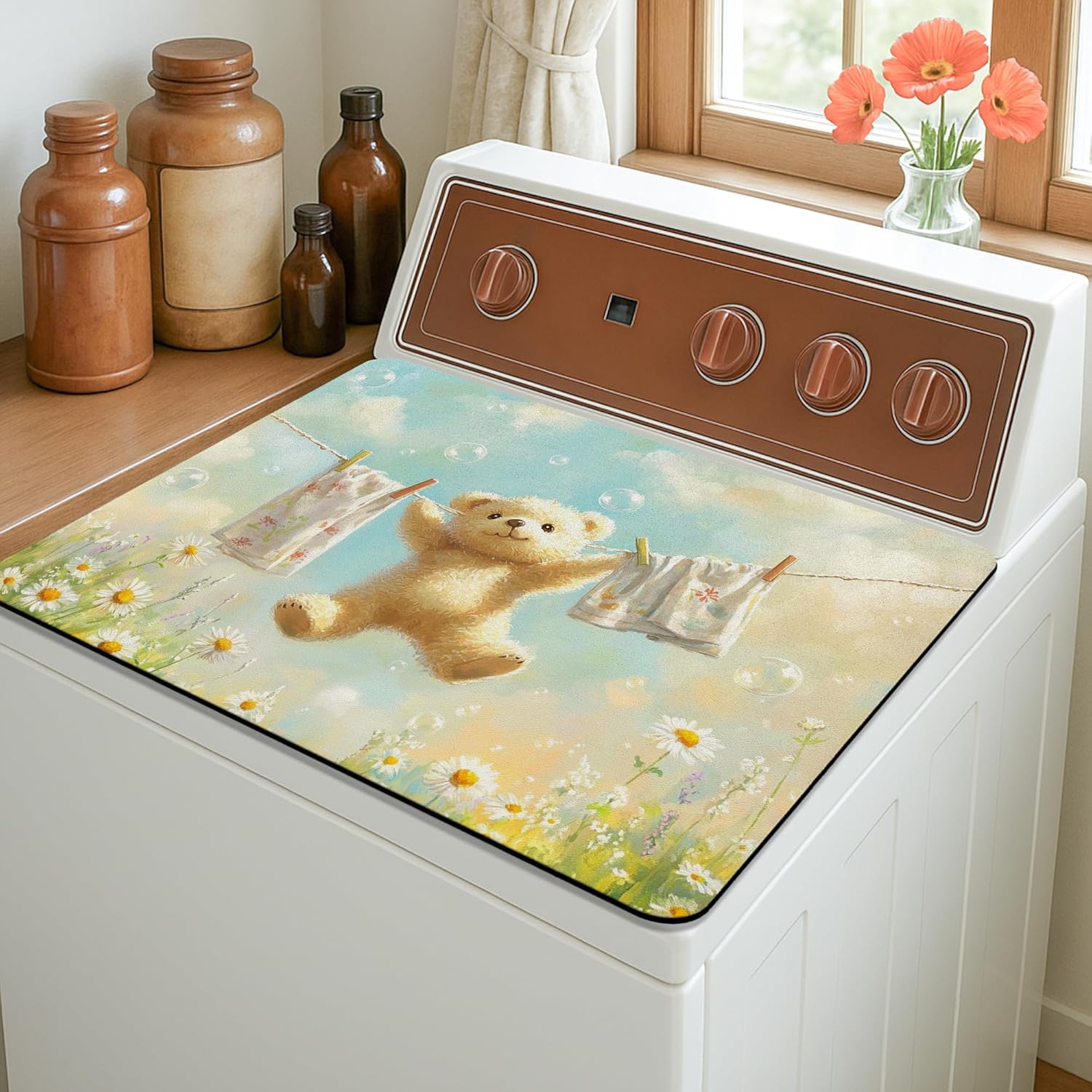 Cute Bear Washer Dryer Top Protector Mat, Fanciful Soft Toy Laundry Machine Dust Covers, Floral Rubber Anti-slip Waterproof Washer And Dryer Mats for Laundry Room 20x24 Inch