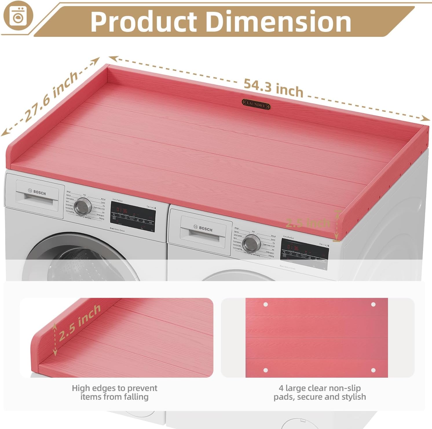 No-installation HDPE Washer Dryer Countertop Washer and Dryer Topper Covers for The Top Laundry Countertop Laundry Room Organization No Water Leakage,Pink