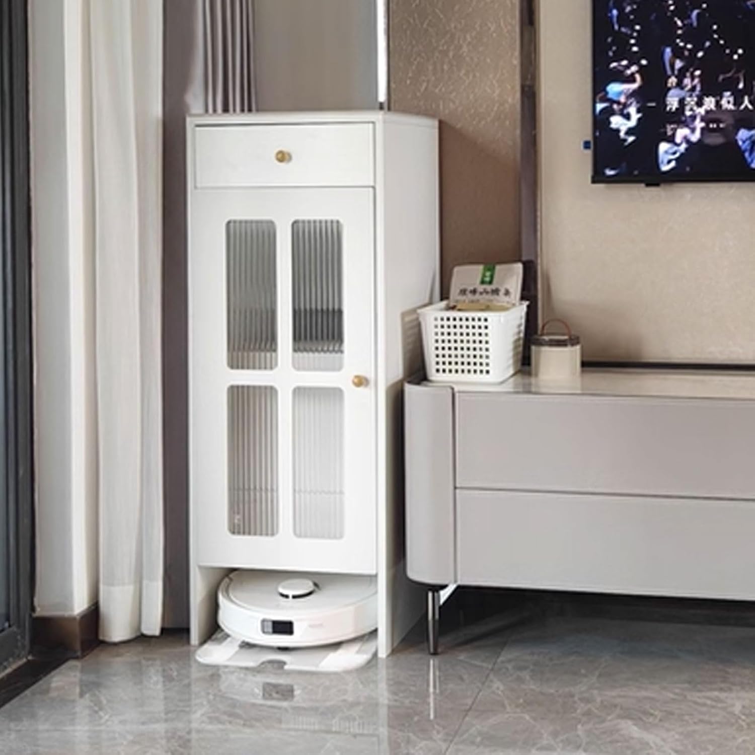 Robot Vacuum Stand Cabinet Living Room Storage Shelf Made of Solid Wood Particle Board with Doors and Drawers Multi-Functional Modern Vacuum Storage Stand(Champagne)