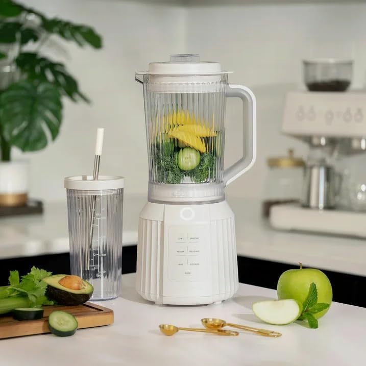 Thymes & Tables Countertop Blender Duo SmartCrush Tech 1100W with 57oz Pitcher & 25oz Cup, Smart Seal Lid, Vortex Blending, Pulse Mode, Dishwasher Safe, Ice Crush, Smoothie Preset (Sand White)