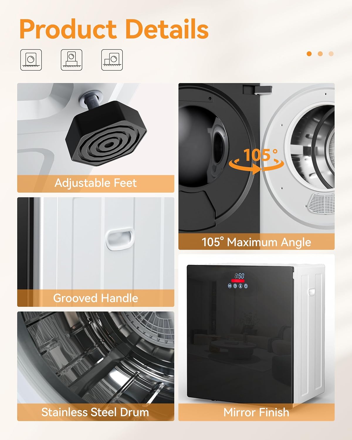 8.8 LBS Portable Dryer, 850W Clothes Dryer with 4 Modes, LCD Panel Control, 1.5 Cu.Ft Drying Machine for Apartment, Dorm, RV, Mirror Appearance, Black&White