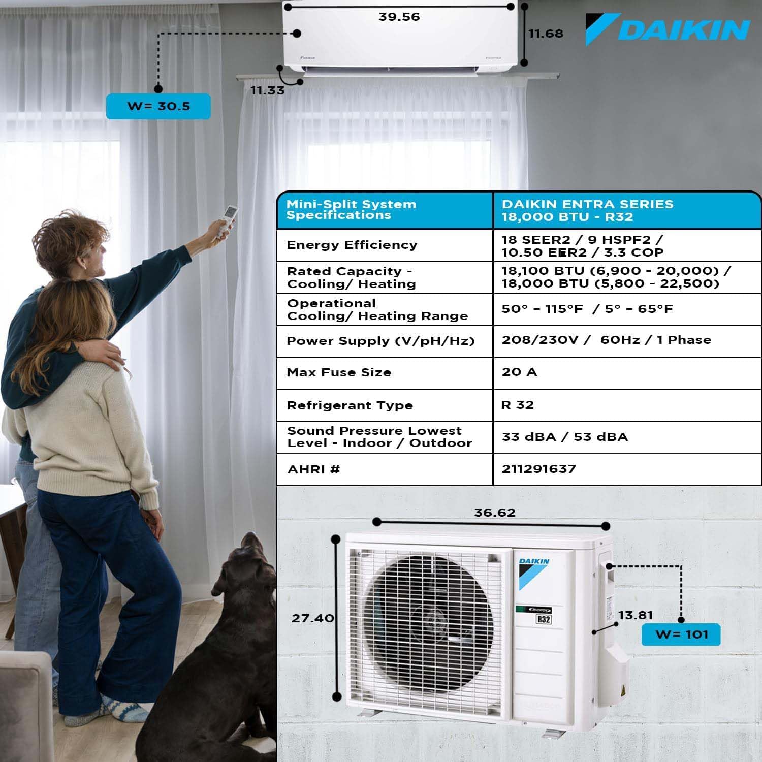 Daikin 18,000 BTU 18 SEER2 Entra R32 Series Ductless Mini Split Heat Pump System w/Wall Mounting Bracket (230V), White, RXC18+FTXC18+WAFP24