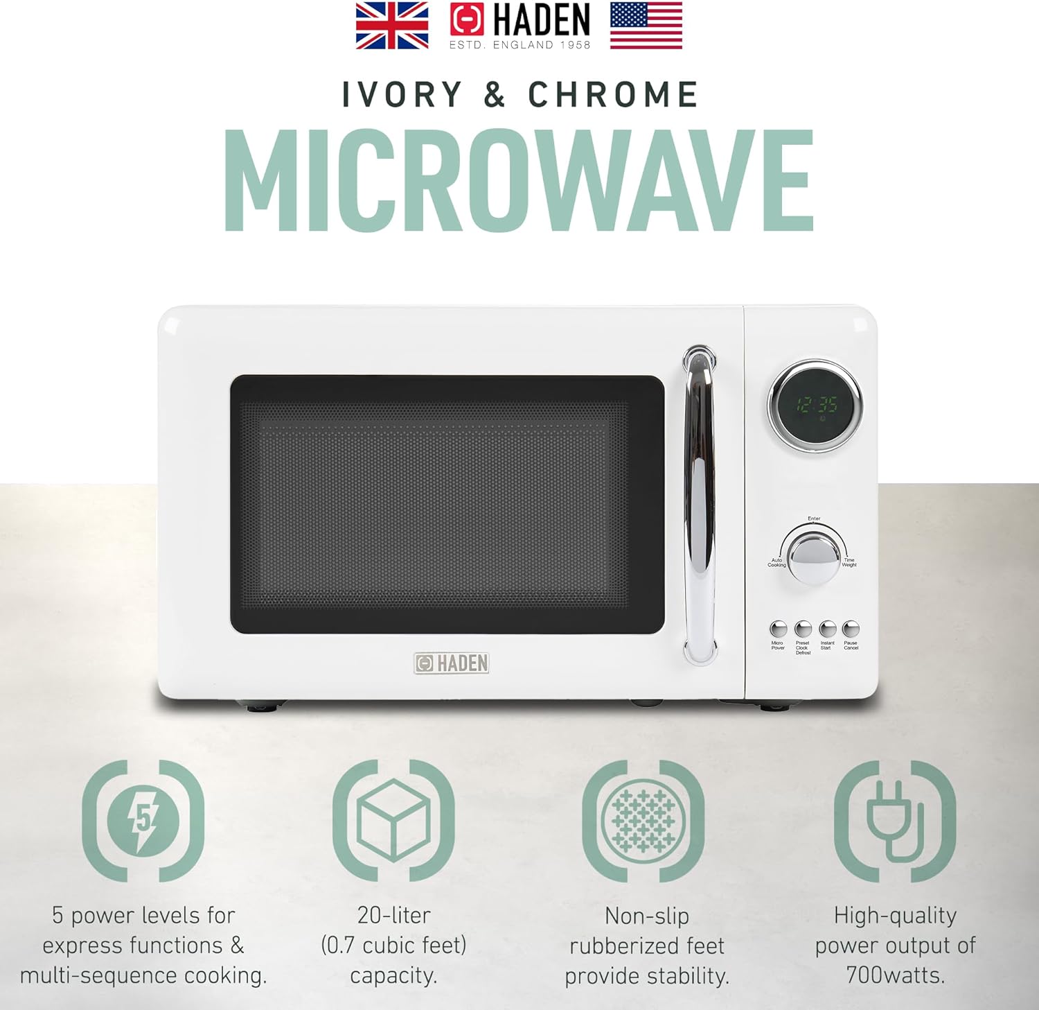 Haden 700 Watt 0.7 Cubic Foot Microwave Oven with Digital Controls, Defrost, and Instant Start Countertop Small Appliance, Ivory/Chrome