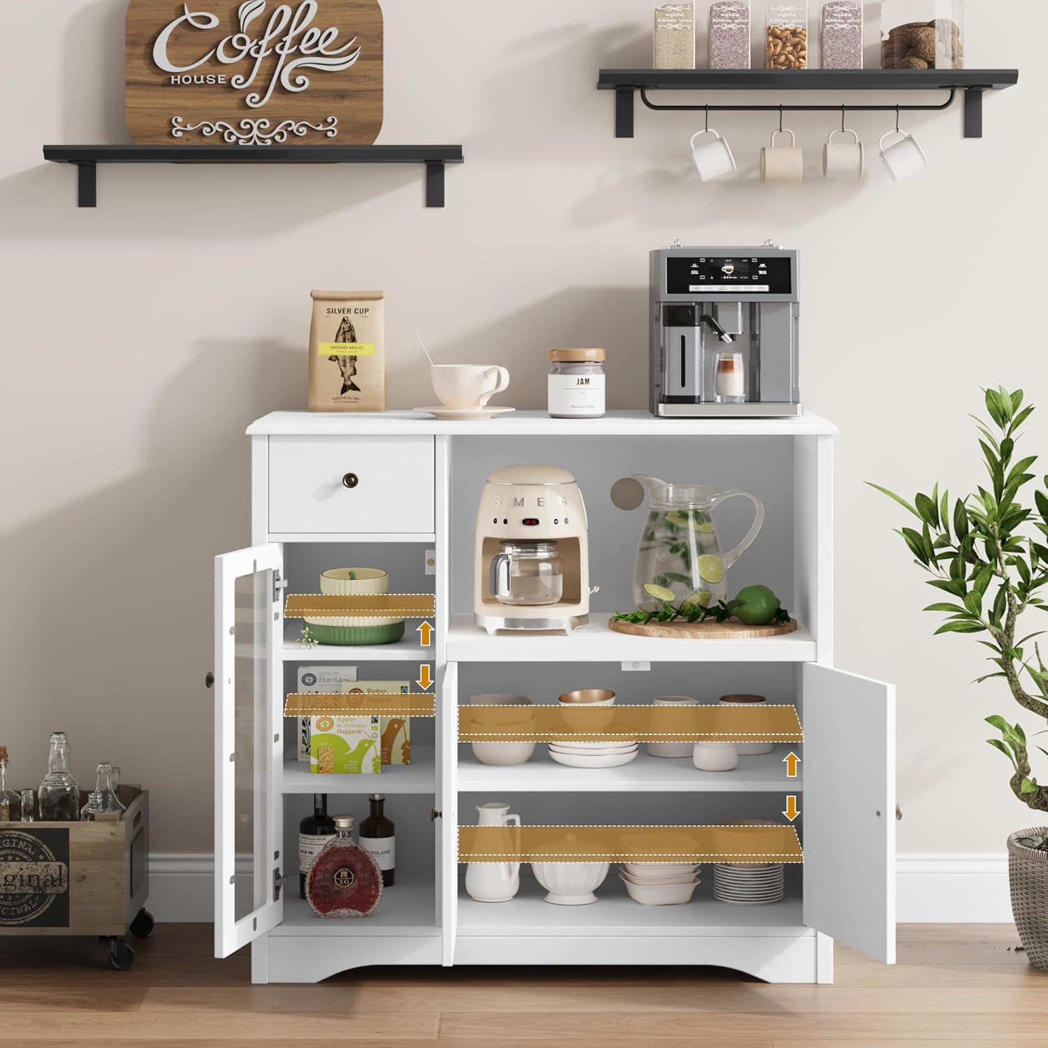 HORSTORS Microwave Cabinet, Kitchen Storage Cabinet with 3 Doors and 1 Drawer, Buffet Sideboard with Adjustable Shelves, Microwave Stand for Kitchen, Dining Room, White