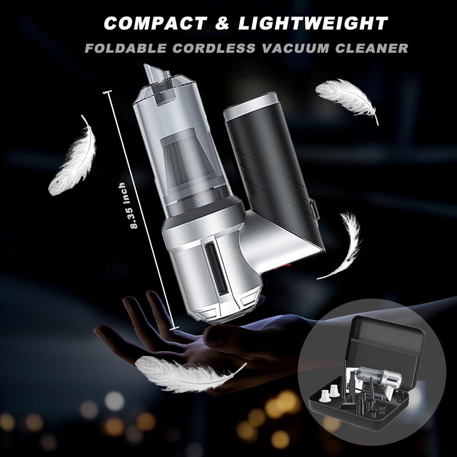 Car Vacuum Cleaner Cordless Foldable, 21000PA Mini Portable Handheld Vacuum, 4 in 1 Compressed Air Duster & Air Blower & Vacuum Cleaner & Inflation with Brushless Motor for Car, Home, Office Black