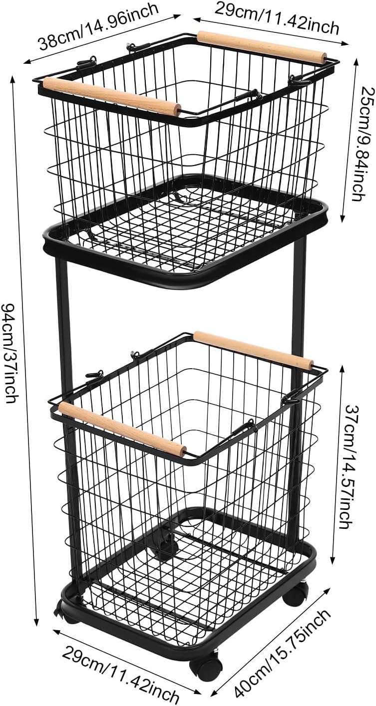Laundry Basket 2 Tier Metal Laundry Basket With Wheels, Iron Beech Wood Spray Molding, 88.18LBS Load 4 Wheels 2 Brakes, Removable Baskets Hollow-out Breathable, Home