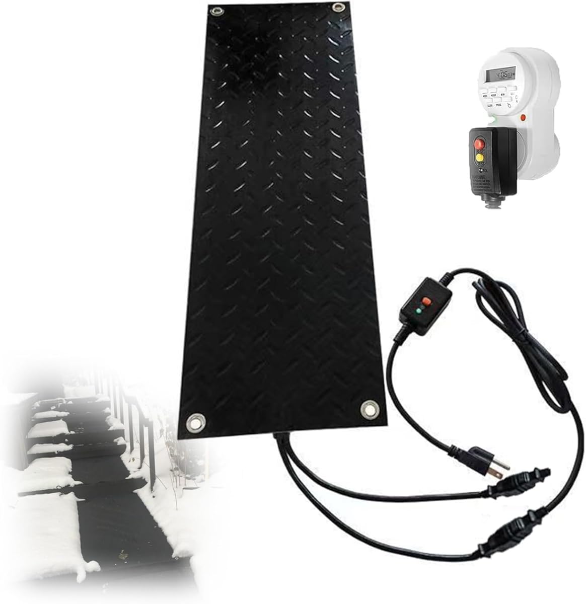 Heated Snow and Ice Melting Mats with Timer, Rubber Heated Snow Melting Mat Set for Walkways Stairs, 1/2/3/4/5pcs Anti-Slip Outdoor Heated Pads for Entrances, 2 in/h Speed(4 Pcs,11.8x48in)