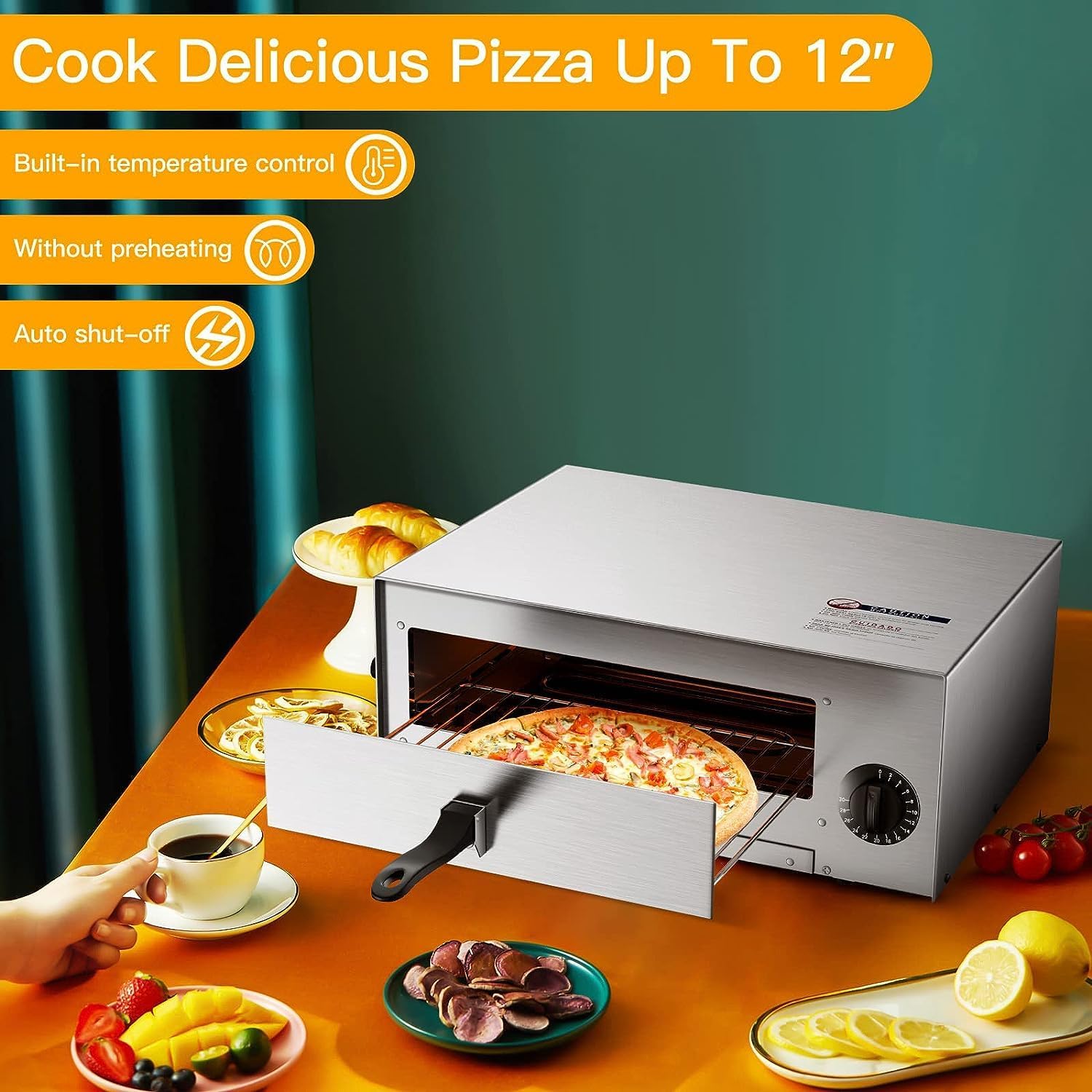 GOFLAME 1450W Electric Pizza Oven, 12 Inch Stainless Steel Pizza Oven Countertop with Insulated Handle & Removable Tray, Commercial Pizza Maker for Restaurant Home Party