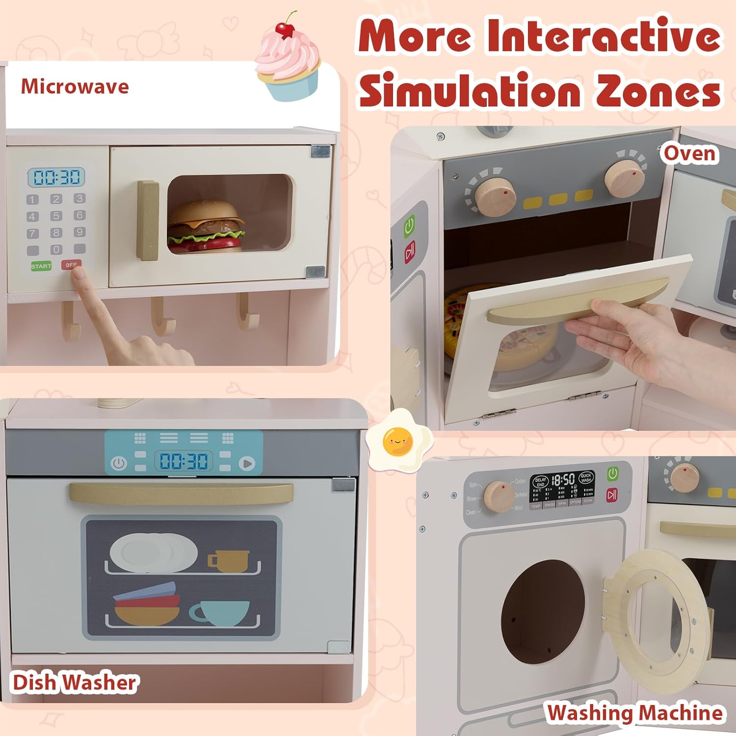 Costzon Corner Play Kitchen, Large Pretend Play Kitchen w/Real Light & Sound, Pull-Out Trash Can, Stoves, Microwave, Oven, Washer, Little Chef Wooden Kitchen Playset for Kids 3+ Years Old (Pink)