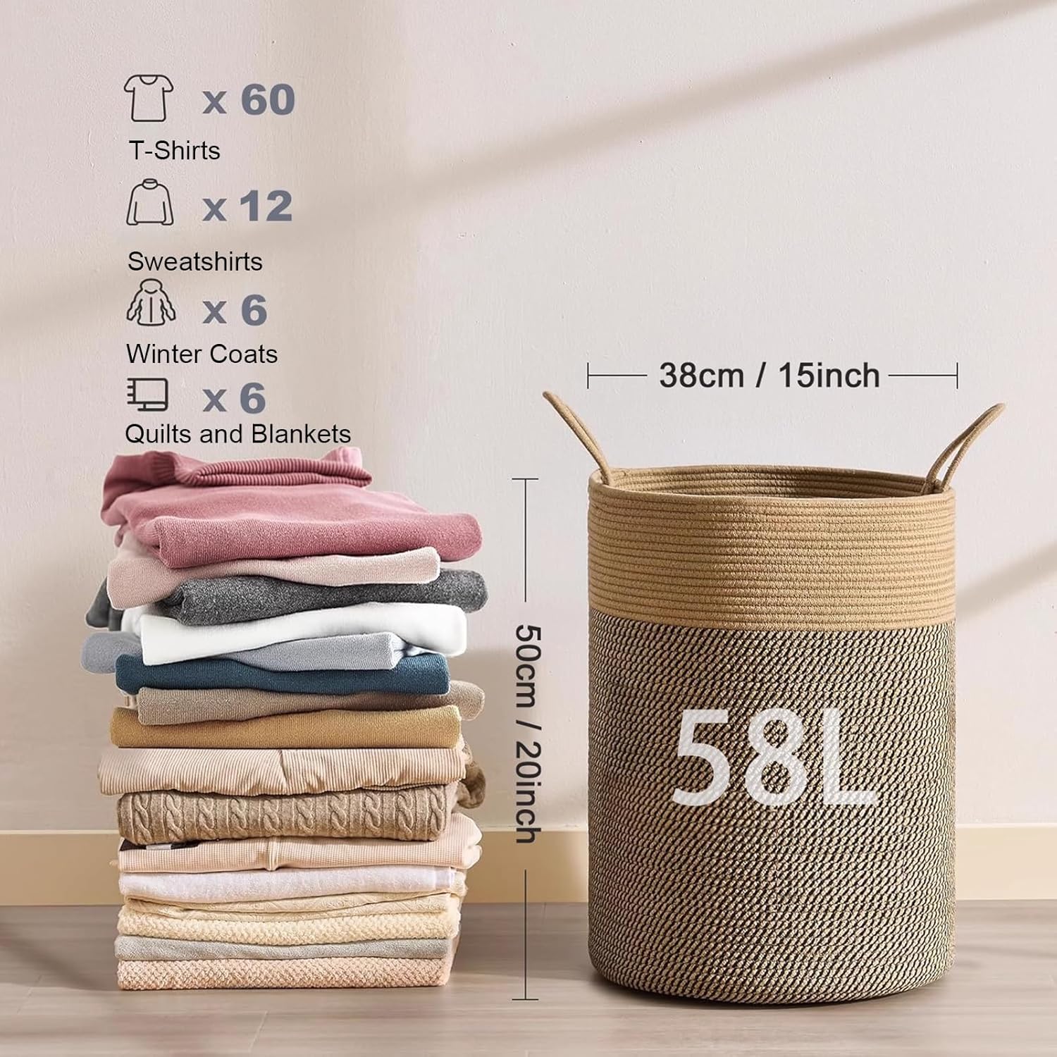 Cotton Rope Laundry Basket 72L, Foldable Machine-Washable Clothes Hamper with Handles, Large Storage Bin for Toys Bedding, Nursery, Dorm, RV(Brown)